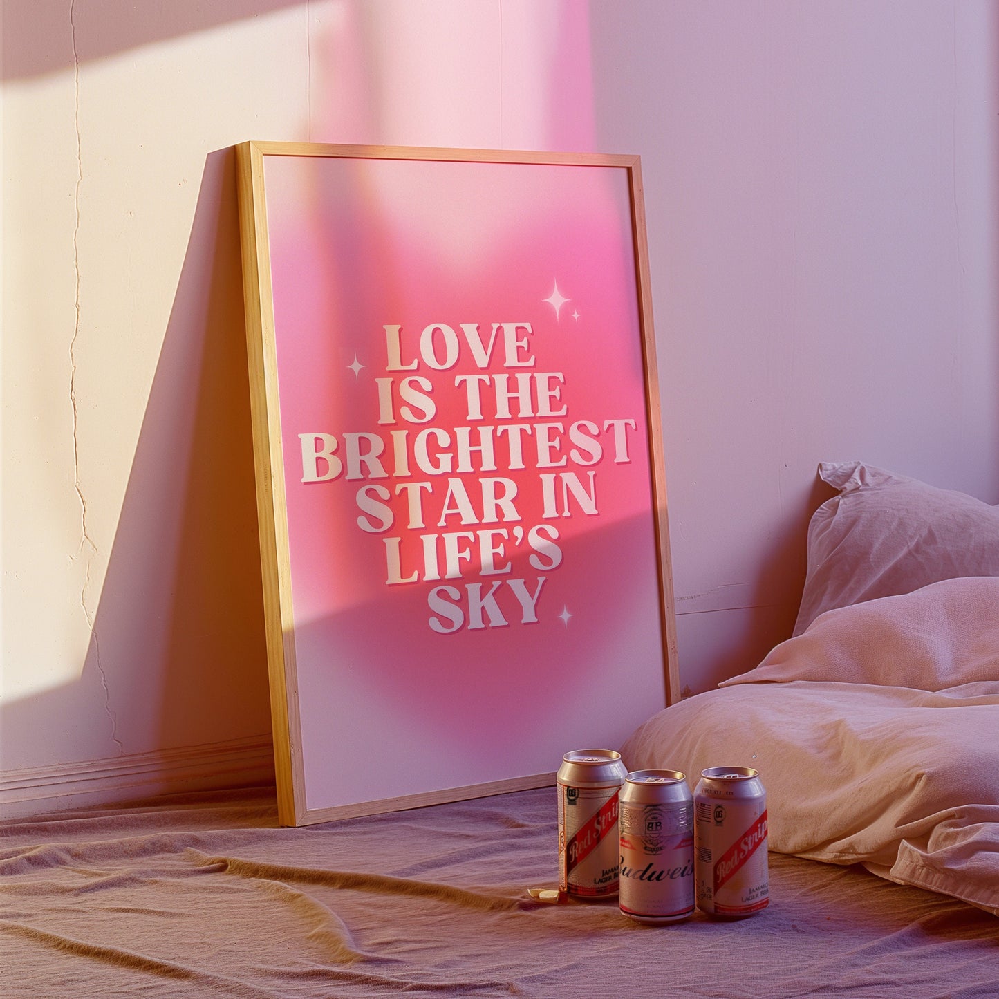 Pink Love Quote Poster, "Love is the Brightest Star", Romantic Wall Art, Inspirational Home Decor, Valentine's Day Gift