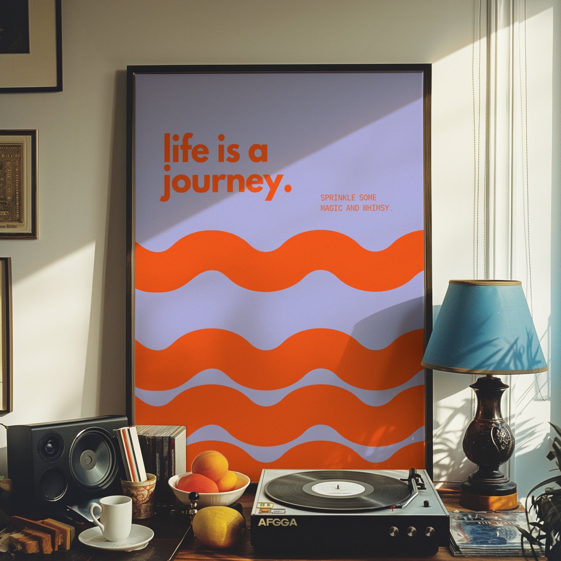 A motivational poster with the phrase &quot;Life Is a Journey&quot; in bold orange text on a purple background with wavy lines, perfect for inspiring positivity and adventure.