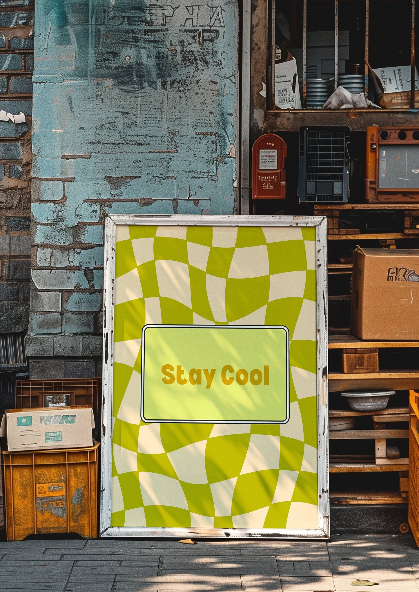 A retro-style motivational poster with the text &quot;Stay Cool&quot; on a green and white wavy checkered background, perfect for adding a touch of positive vibes.