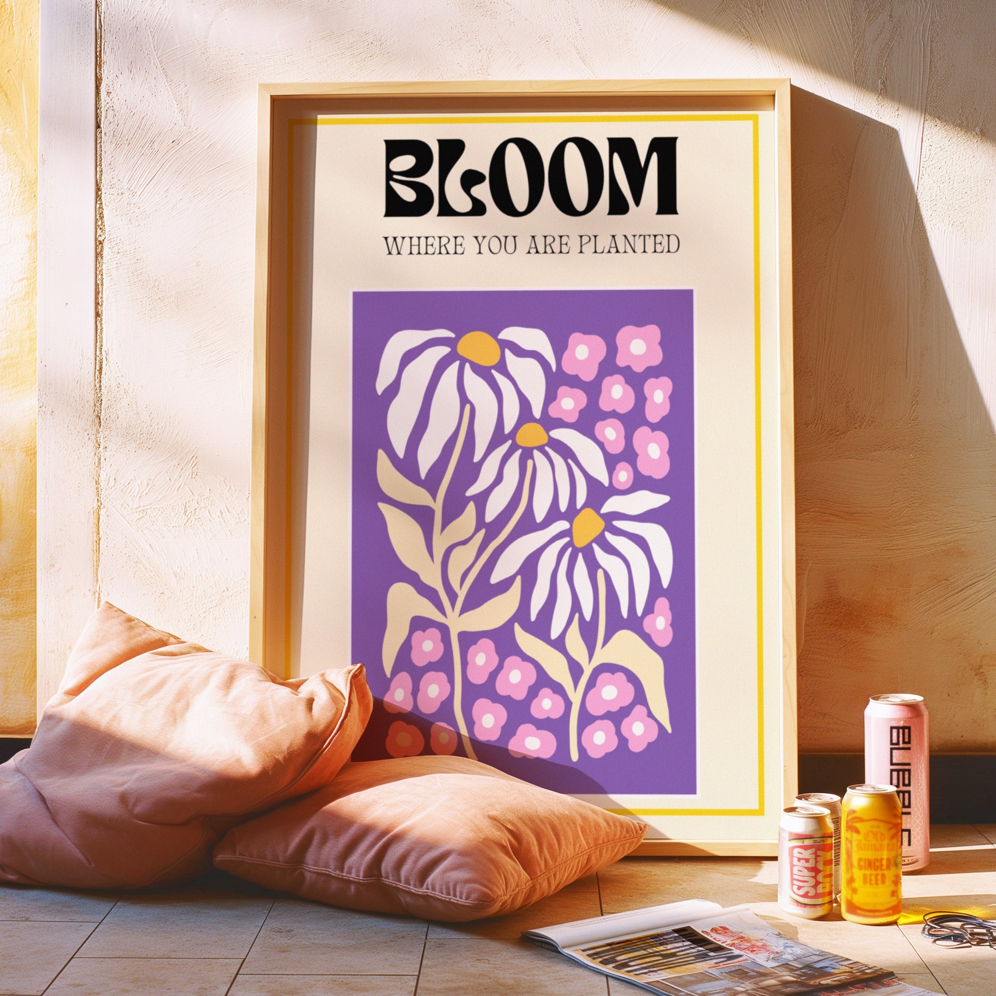 A floral art print with the text &quot;Bloom where you are planted&quot; featuring vibrant flowers in a colorful design.