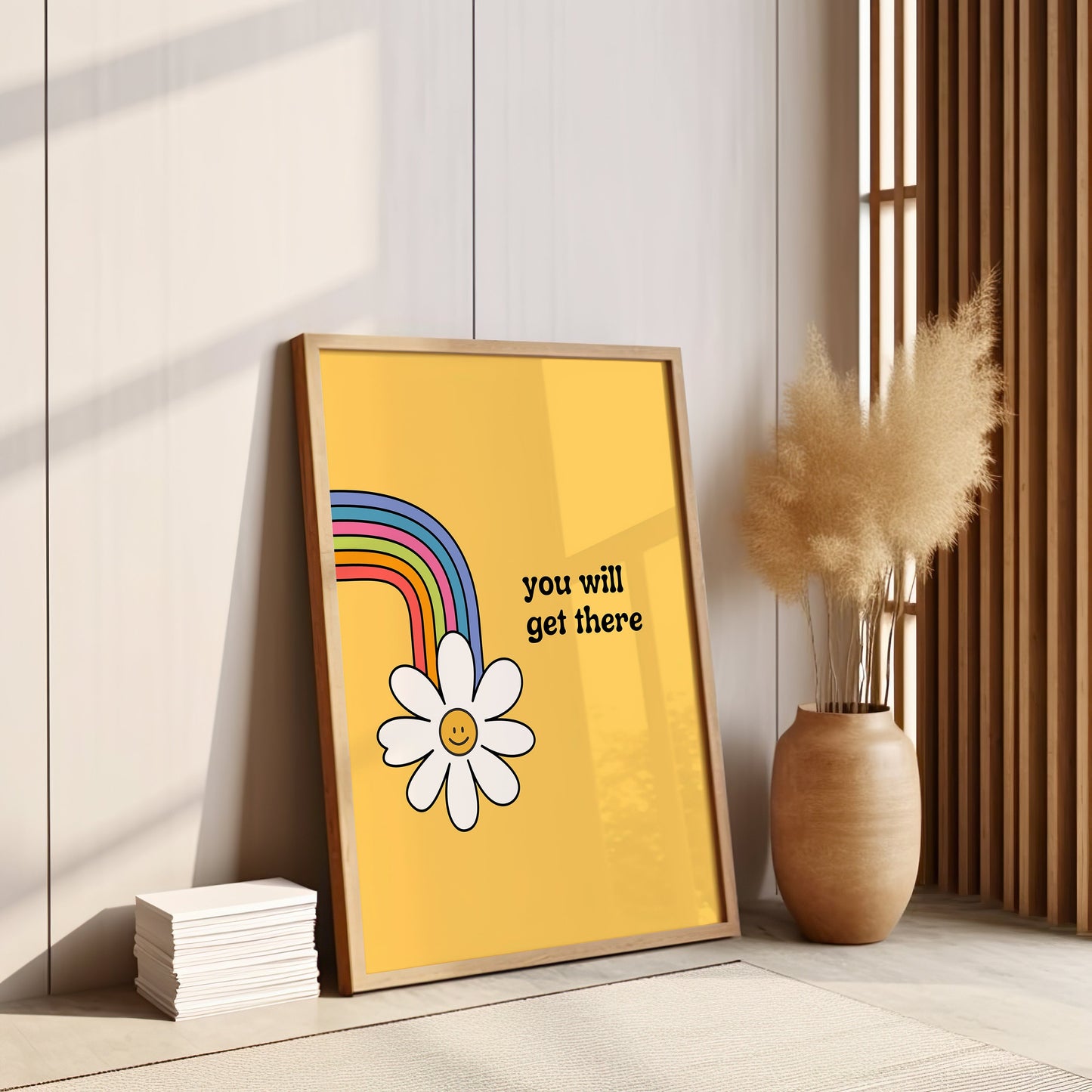 Colorful Flower and Rainbow Art Print, You Will Get There, Motivational Wall Art, Inspirational Flower and Rainbow Art Print, Retro Poster