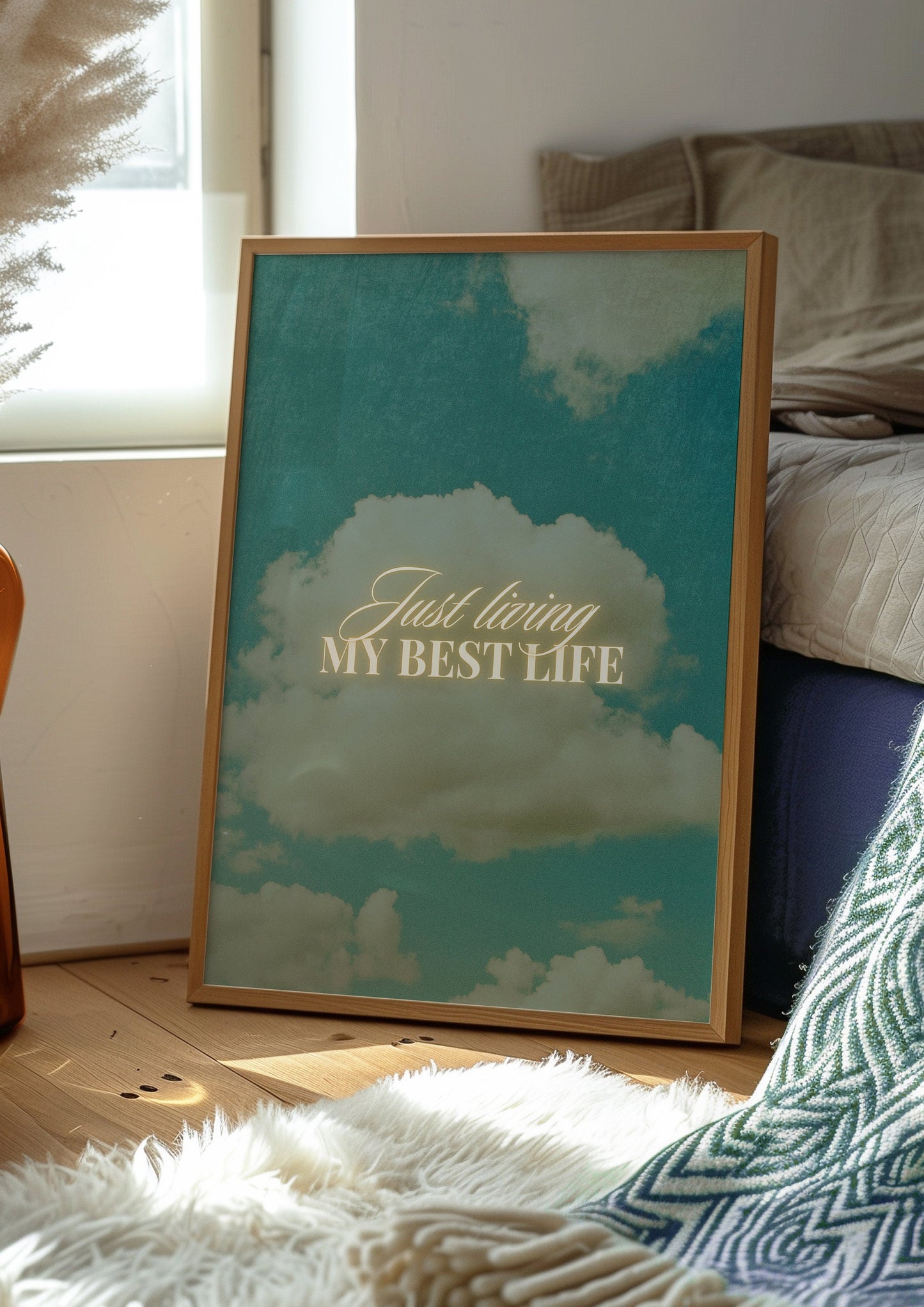 Inspirational Art Print "Just Living My Best Life" - Motivational Wall Art, Sky and Clouds Background, Home Office Decor, Poster for Home