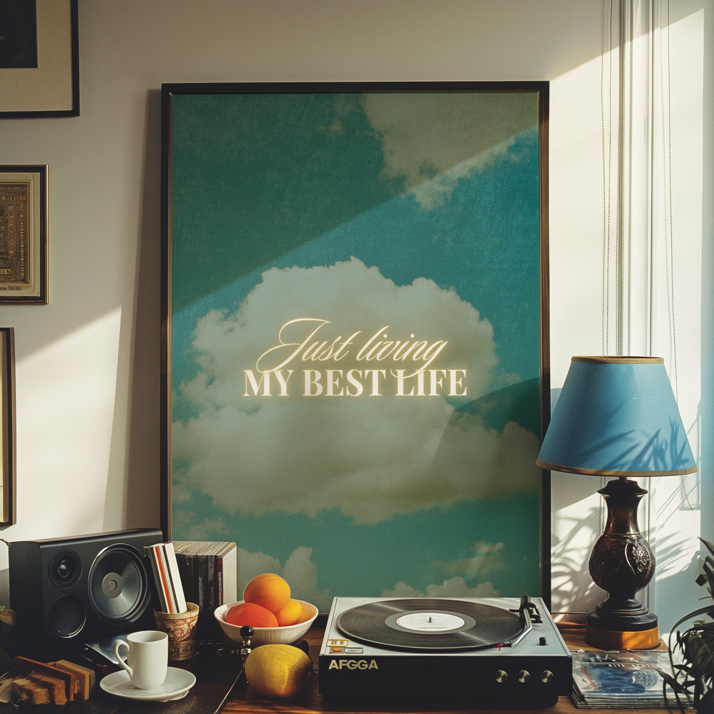 Inspirational Art Print "Just Living My Best Life" - Motivational Wall Art, Sky and Clouds Background, Home Office Decor, Poster for Home