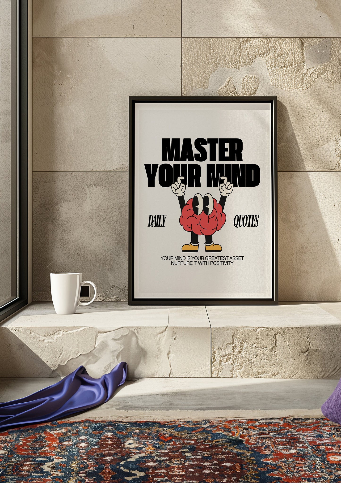 Master Your Mind Retro Motivational Poster, Inspirational Wall Art, Positive Thinking Print, Mental Strength Decor, Cartoon Brain Art