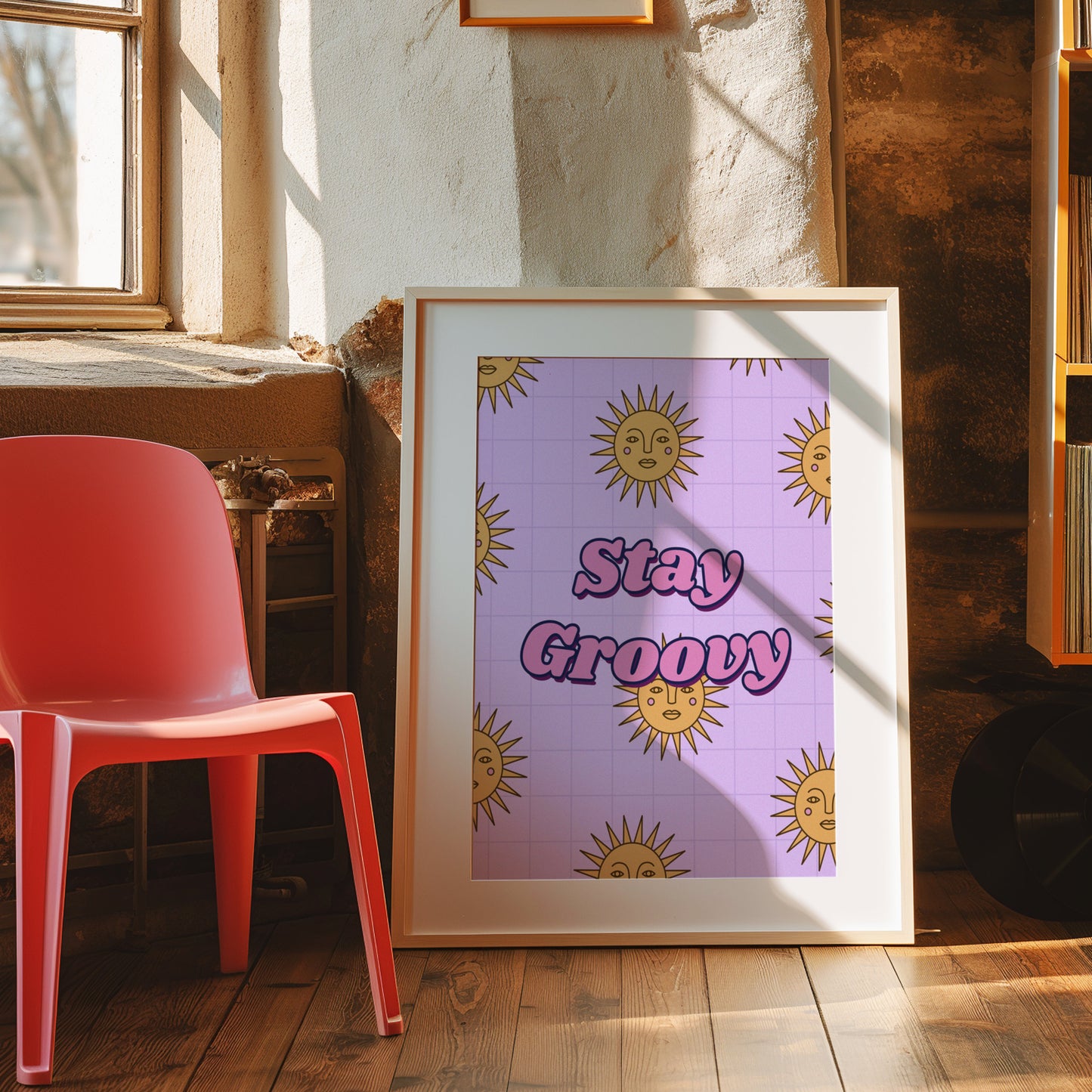 Stay Groovy Poster, Retro Sun Wall Art, Inspirational Quote Print, 70s Style Decor, Purple and Yellow Art