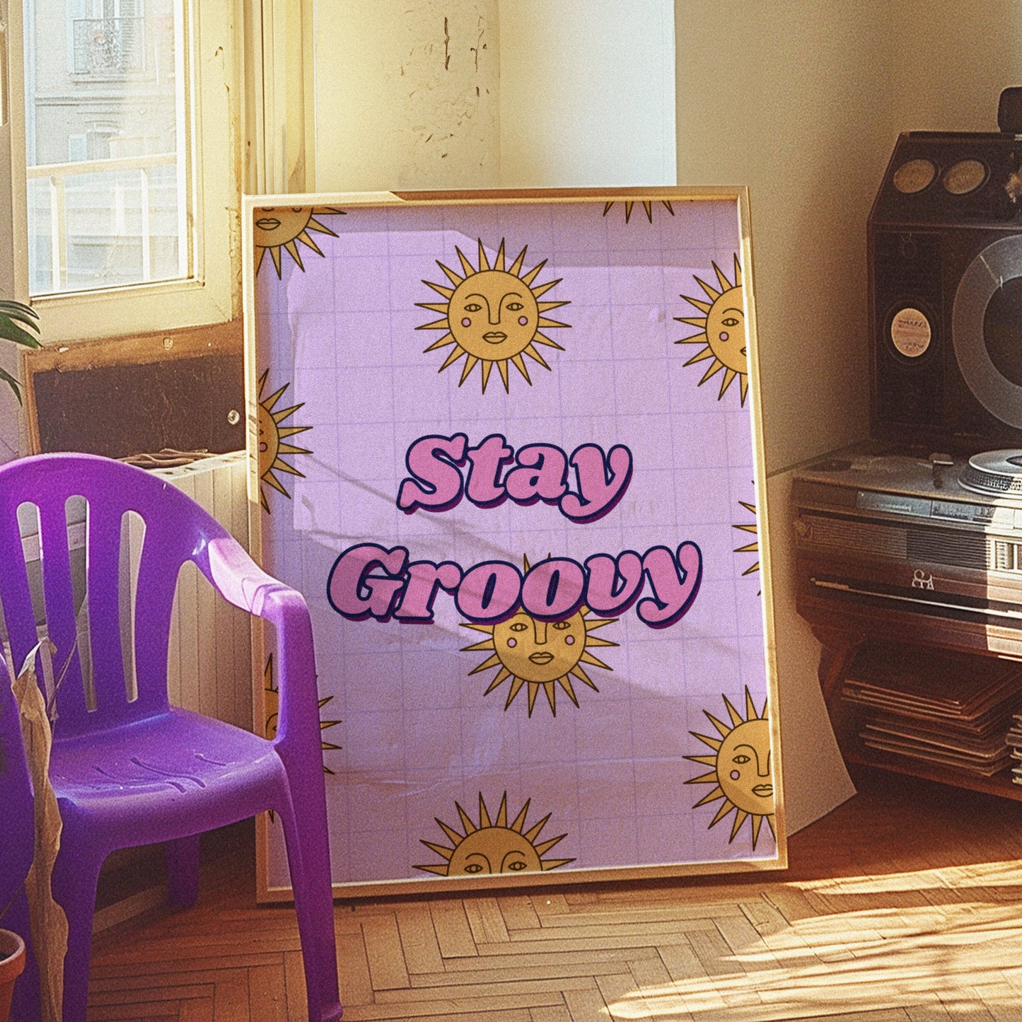 Stay Groovy Poster, Retro Sun Wall Art, Inspirational Quote Print, 70s Style Decor, Purple and Yellow Art