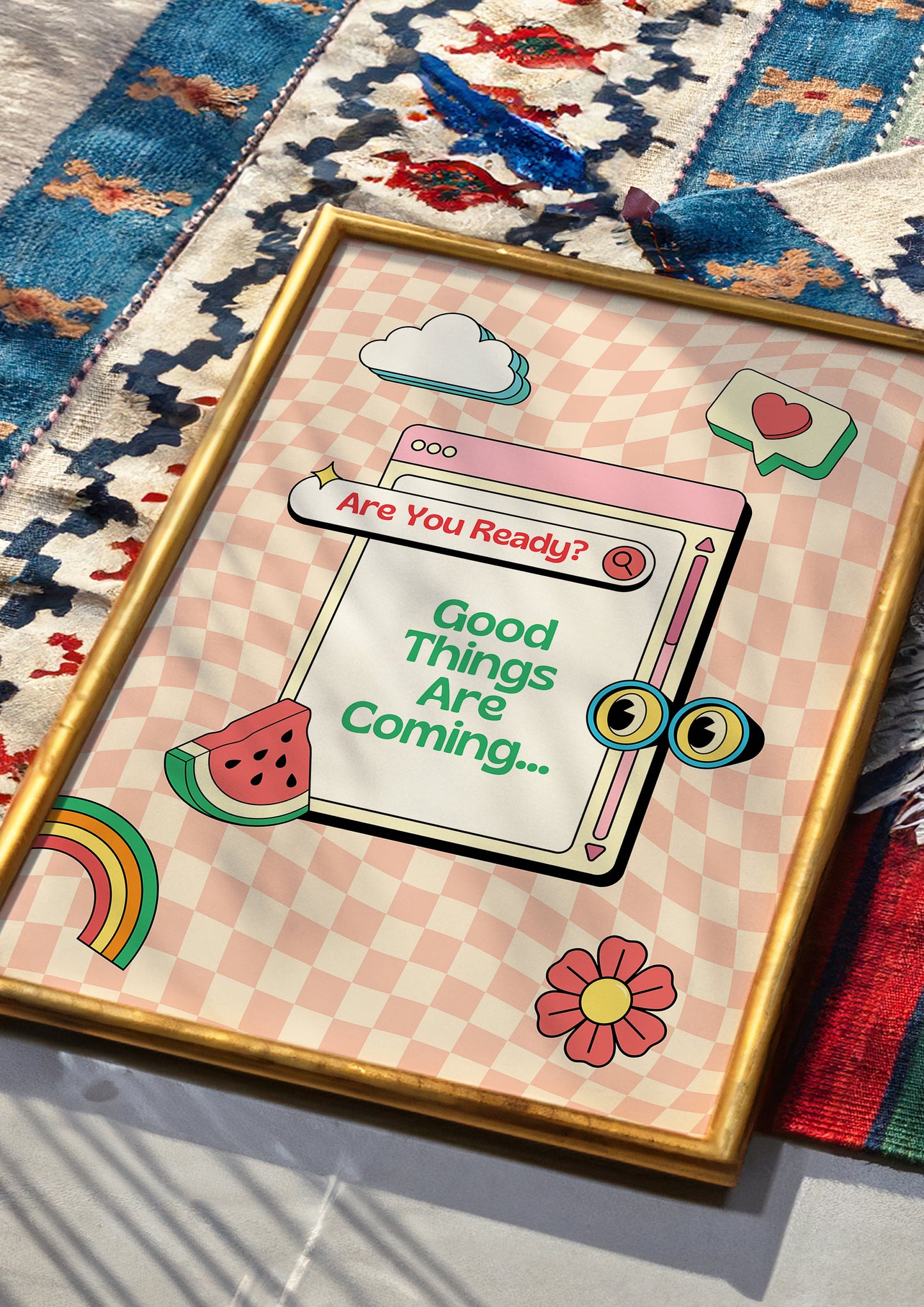 Good Things Are Coming Poster, Retro Checkered Wall Art, Inspirational Quote Print, Pink and Green Art, Positive Vibes Decor