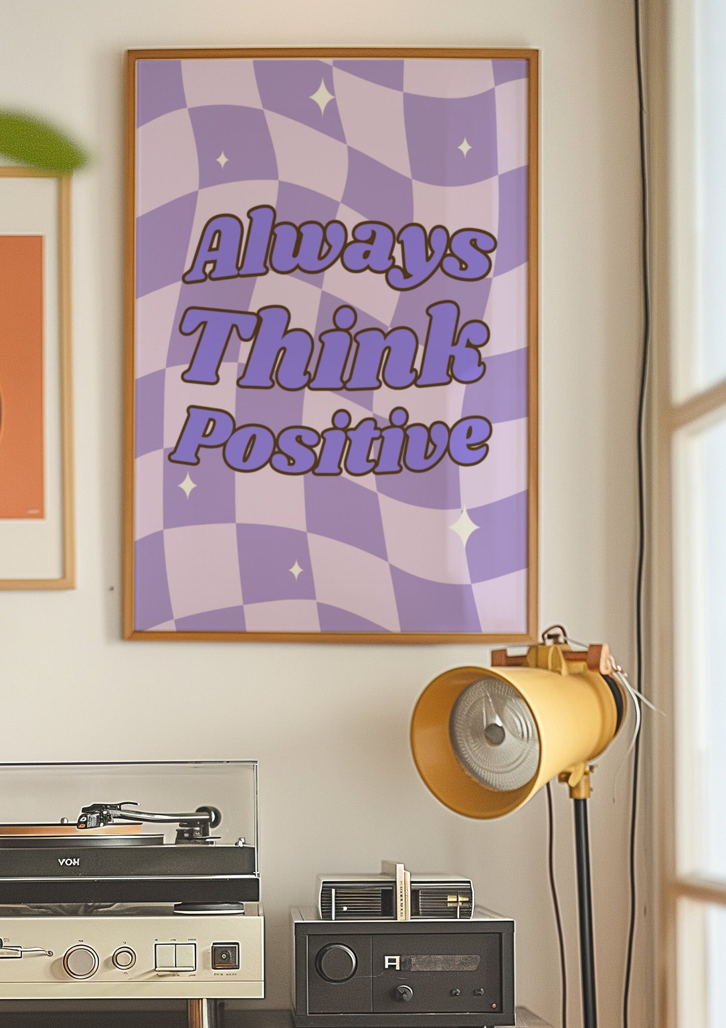 Always Think Positive Poster, Inspirational Wall Art, Motivational Quote Print, Purple and White Decor, Uplifting Room Decor, Retro Design
