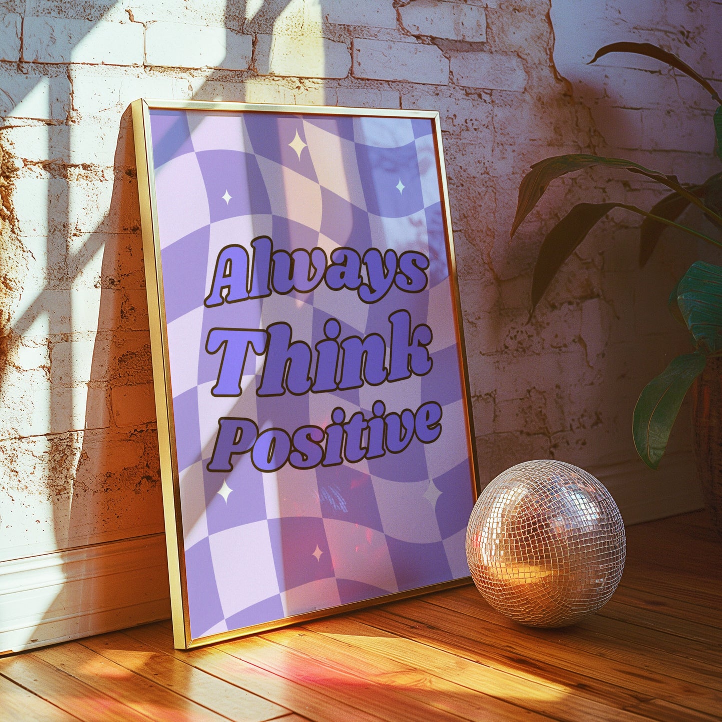 Always Think Positive Poster, Inspirational Wall Art, Motivational Quote Print, Purple and White Decor, Uplifting Room Decor, Retro Design