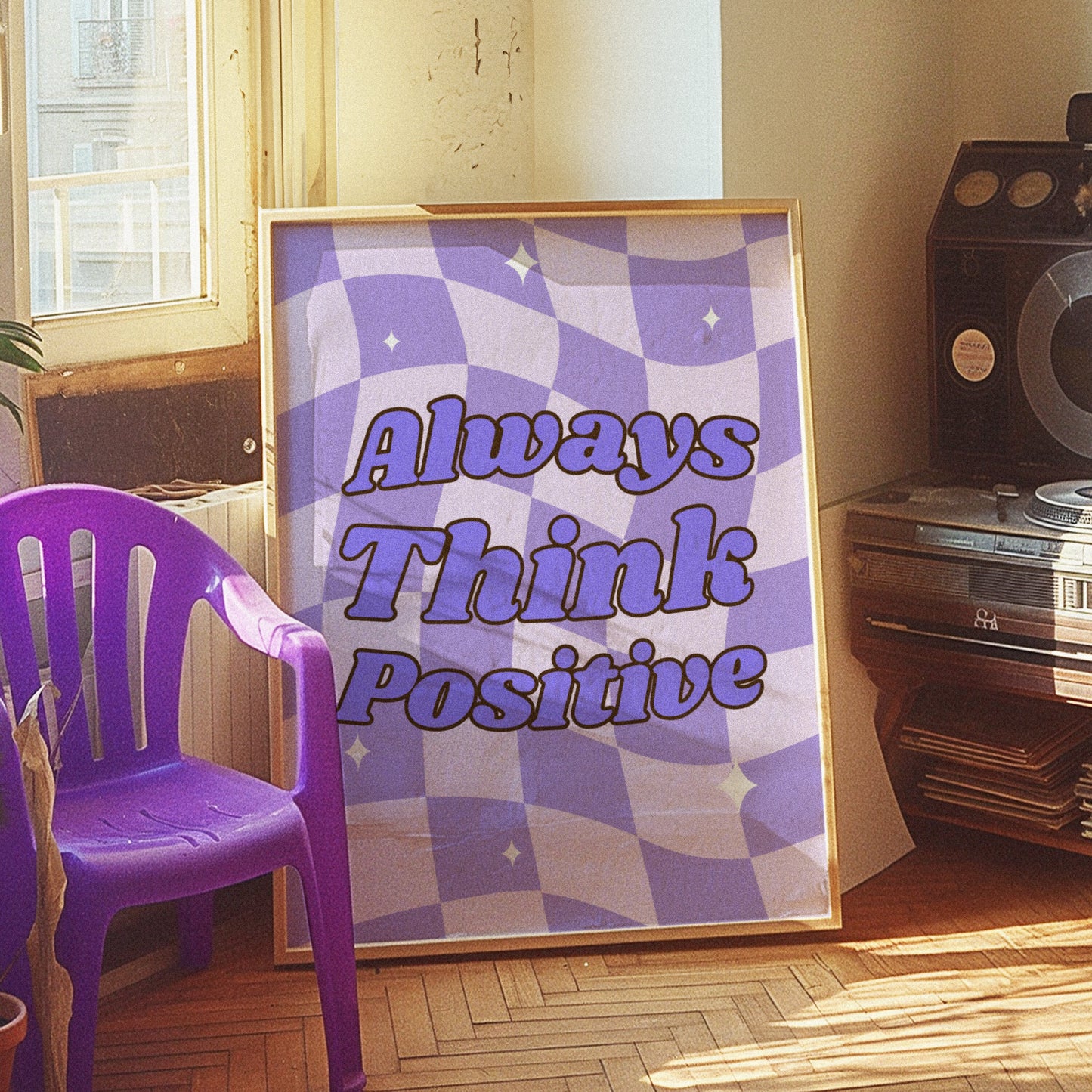 Always Think Positive Poster, Inspirational Wall Art, Motivational Quote Print, Purple and White Decor, Uplifting Room Decor, Retro Design