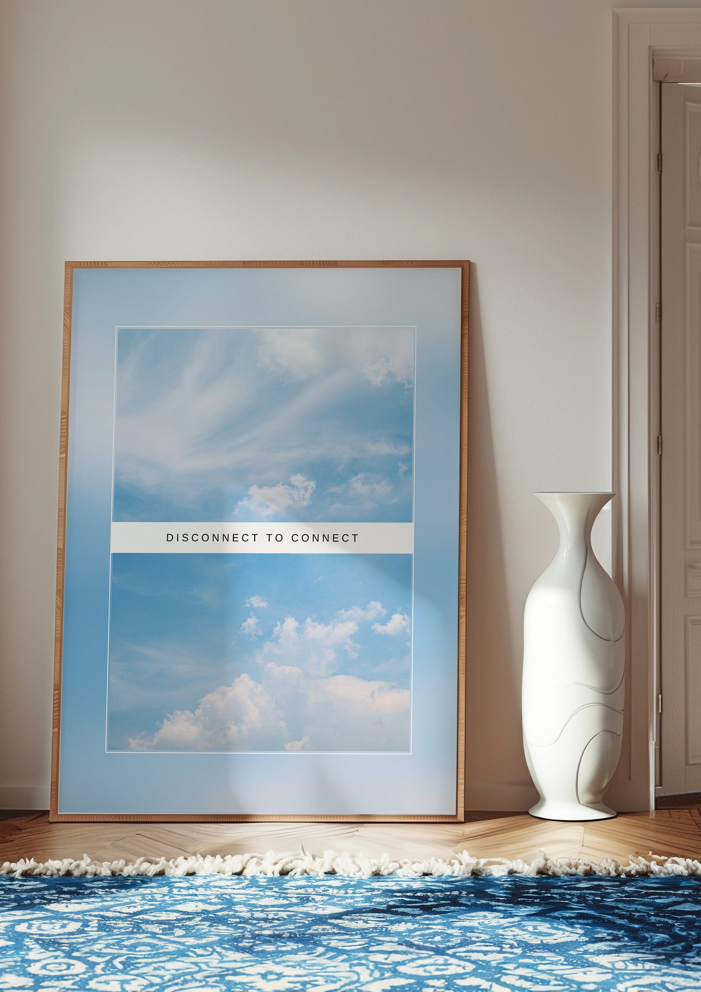 Disconnect to Connect Poster, Inspirational Wall Art, Sky and Clouds Decor, Motivational Quote Print, Calming Room Decor, Blue and White Art