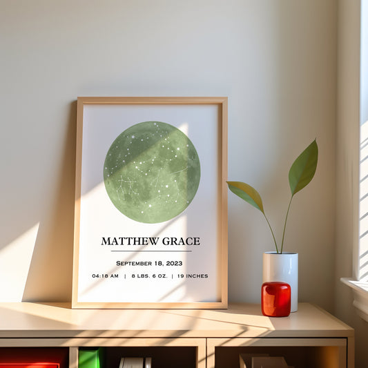 Custom birth poster featuring constellations and personalized baby details, available in multiple colors, perfect for nursery decor, digital download.