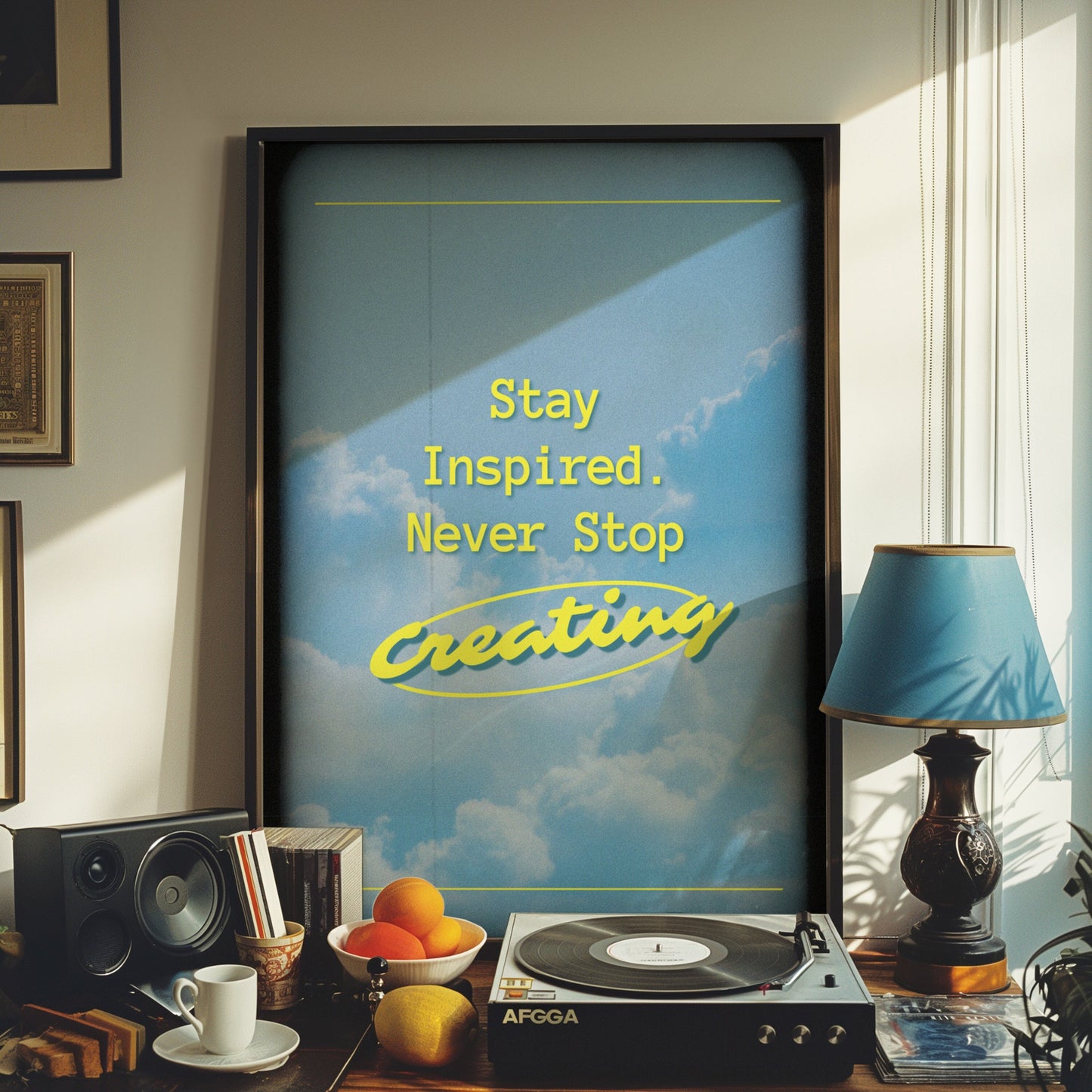 A motivational poster with a background of a blue sky and clouds, featuring the text "Stay Inspired. Never Stop Creating" in vibrant yellow, perfect for inspiring creativity.