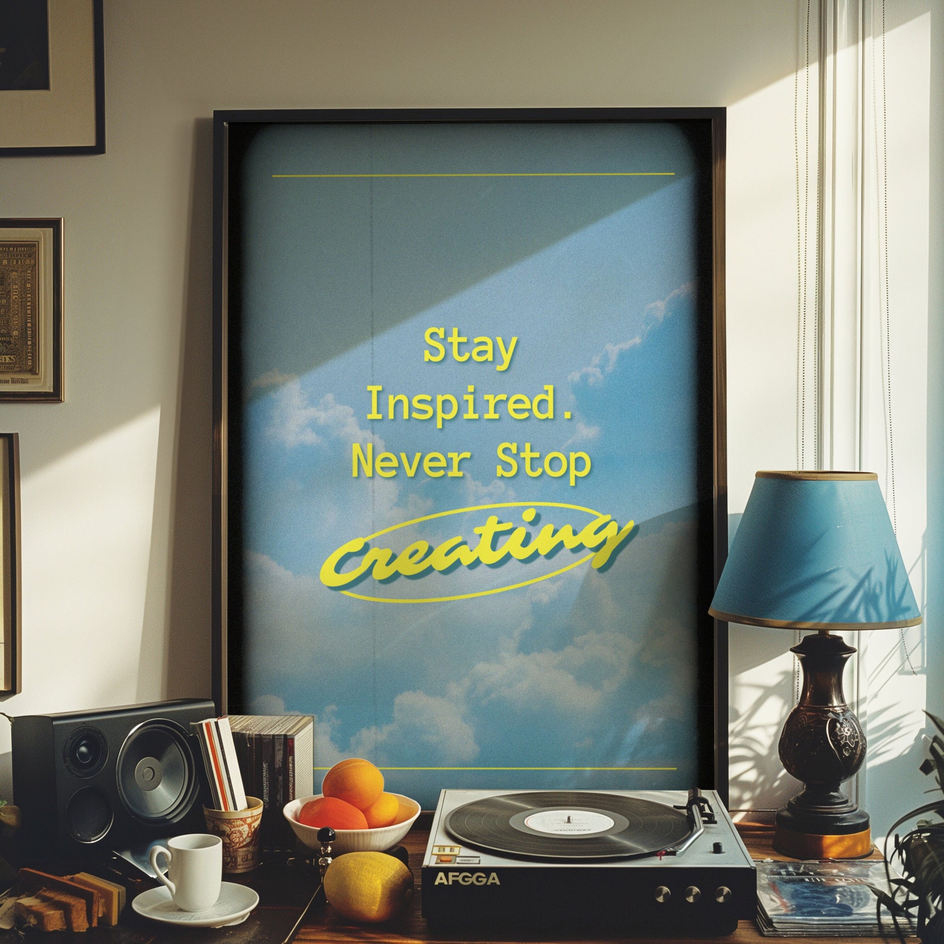 A motivational poster with a background of a blue sky and clouds, featuring the text "Stay Inspired. Never Stop Creating" in vibrant yellow, perfect for inspiring creativity.
