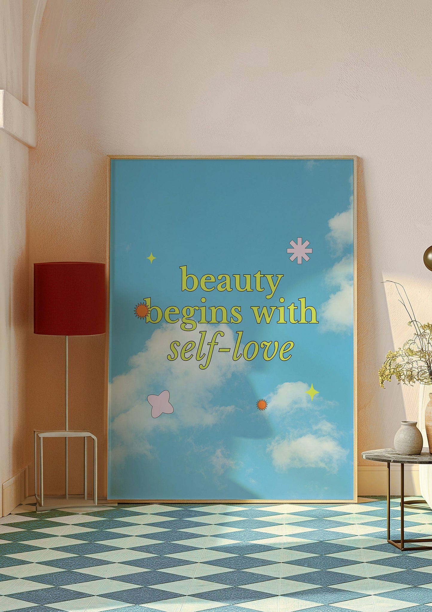 Beauty Begins With Self-Love Poster, Inspirational Quote Wall Art, Sky and Cloud Motivational Print, Positive Affirmation Home Decor