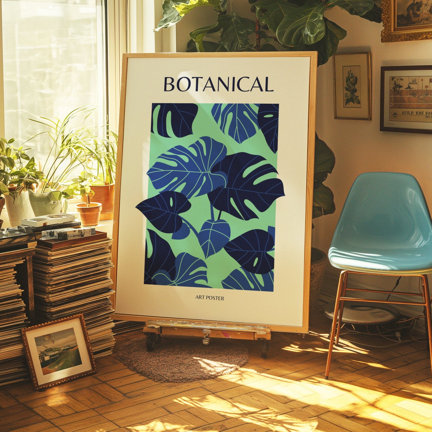 Botanical Art Poster, Tropical Leaf Wall Art, Green and Blue Nature Print, Monstera Leaf Decor, Minimalist Botanical Decor, Poster for Home