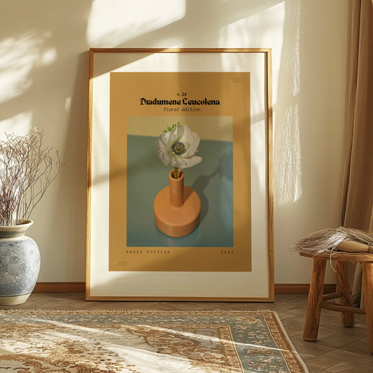 A framed Diadumene Leucolena poster featuring a delicate white flower in a minimalistic vase, set against a soft beige background, displayed in a warm, sunlit room with elegant decor.