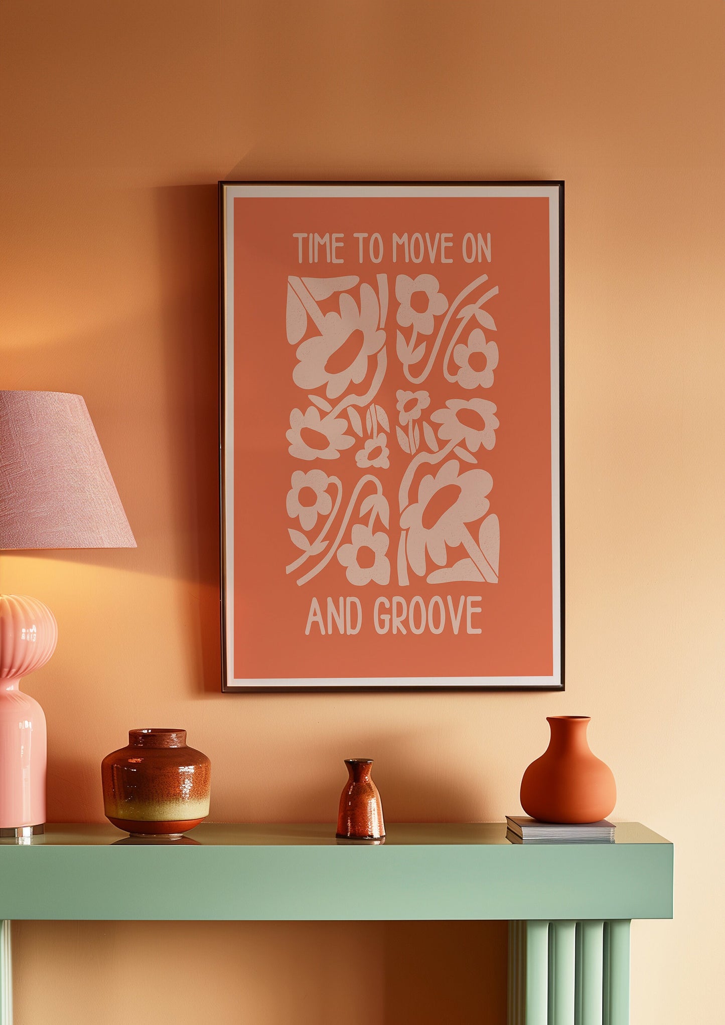 Time to Move On Poster, Groovy Floral Wall Art, Retro Orange and White Flower Print, Motivational Poster Home Decor, 70s Inspired Artwork