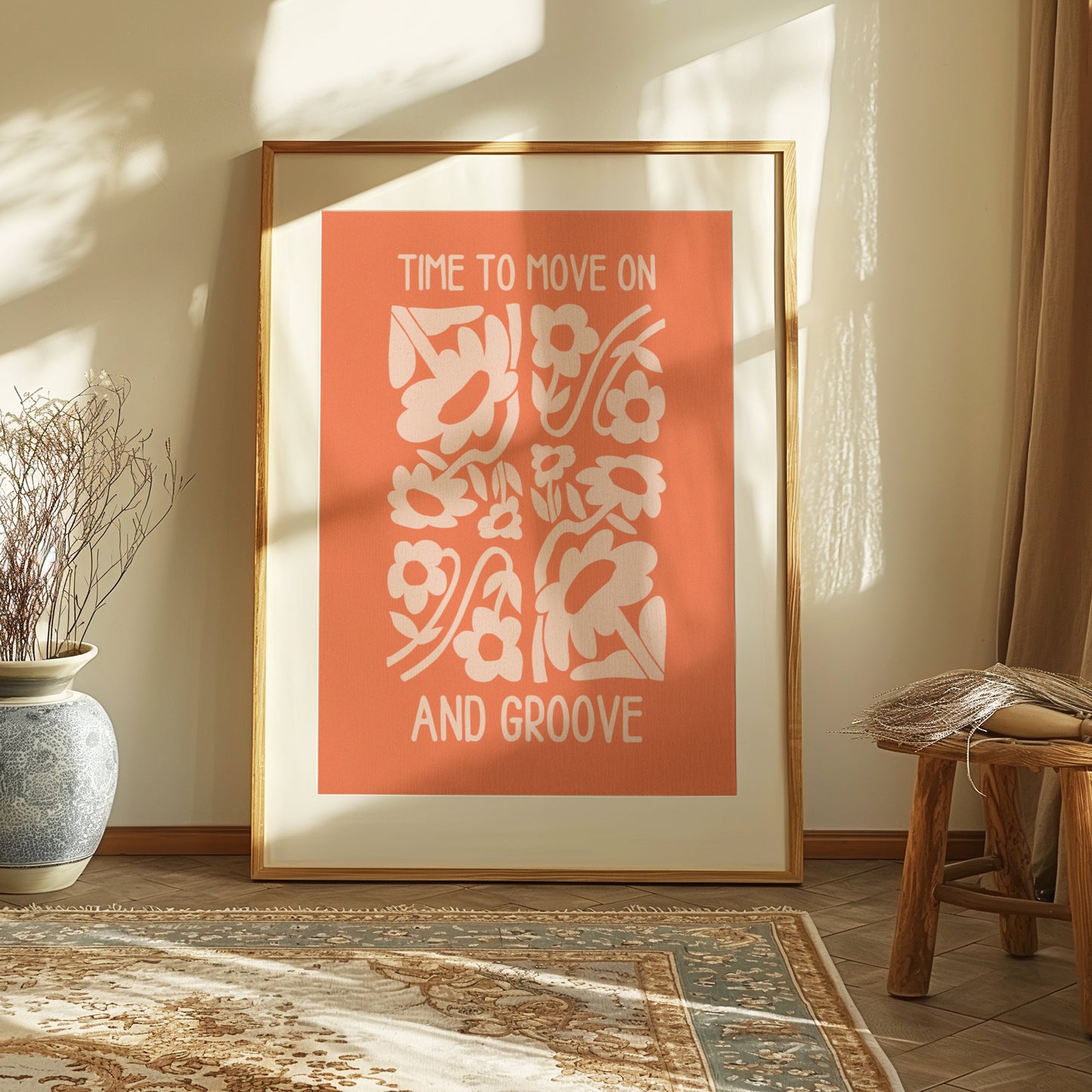 Time to Move On Poster, Groovy Floral Wall Art, Retro Orange and White Flower Print, Motivational Poster Home Decor, 70s Inspired Artwork