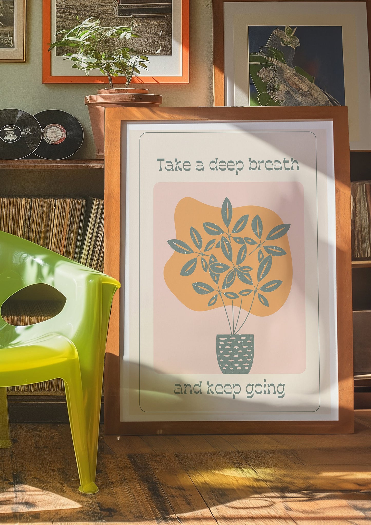 Take a Deep Breath Poster, Motivational Wall Art, Keep Going Inspirational Print, Retro Plant Poster, Calm and Peaceful Decor, Positive Art