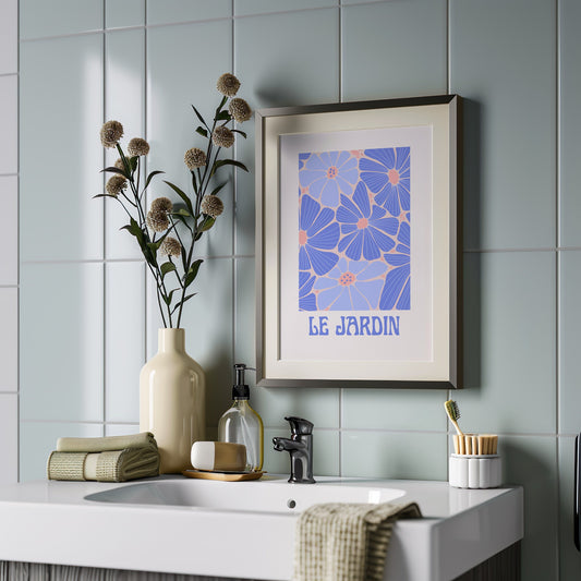 A floral poster titled &quot;Le Jardin&quot; featuring blue and peach flowers with a retro design, perfect for adding a touch of French botanical style to your living room or bedroom.