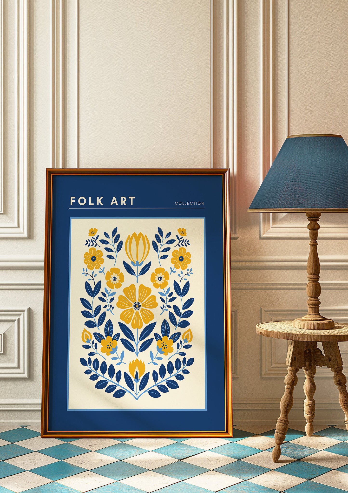 Folk Art Poster, Scandinavian Floral Wall Art, Blue and Yellow Folk Flower Print, Traditional Nordic Art, Boho Folk Art Decor