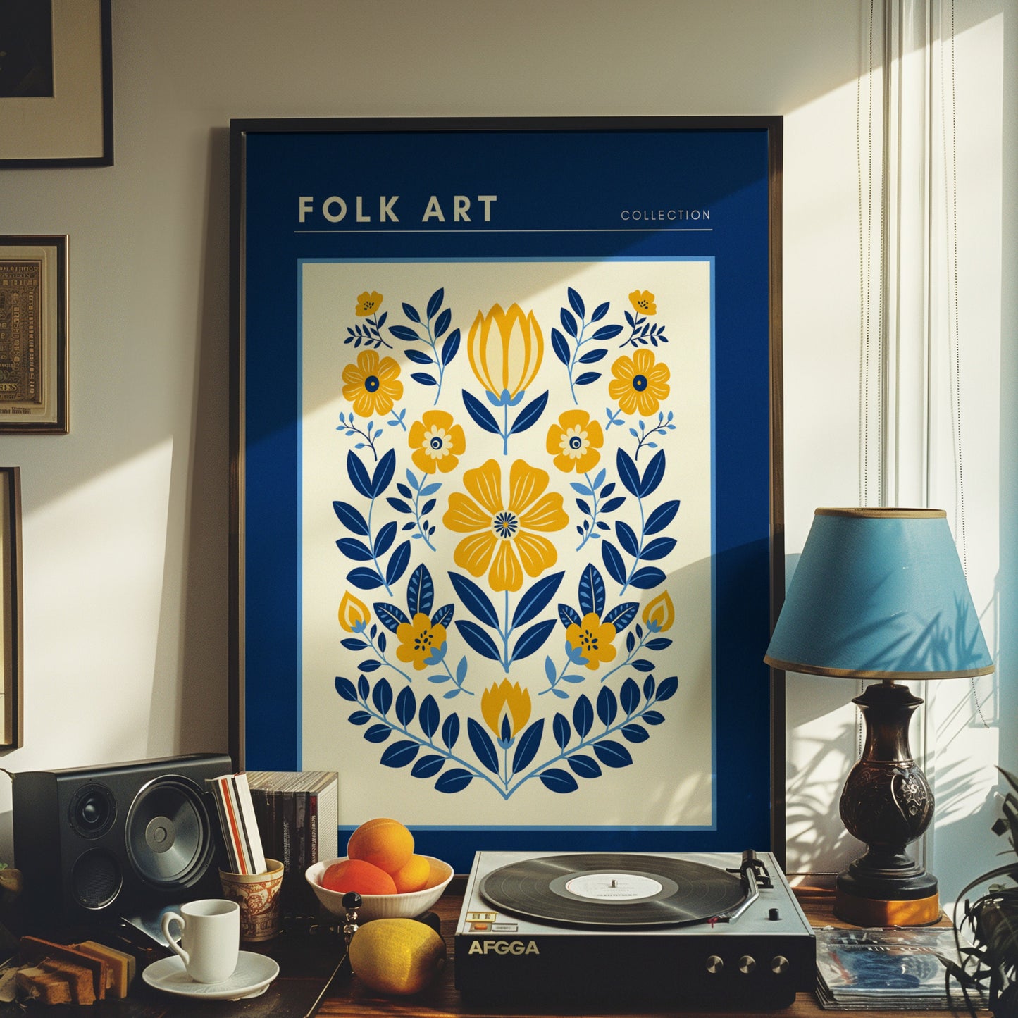 Folk Art Poster, Scandinavian Floral Wall Art, Blue and Yellow Folk Flower Print, Traditional Nordic Art, Boho Folk Art Decor