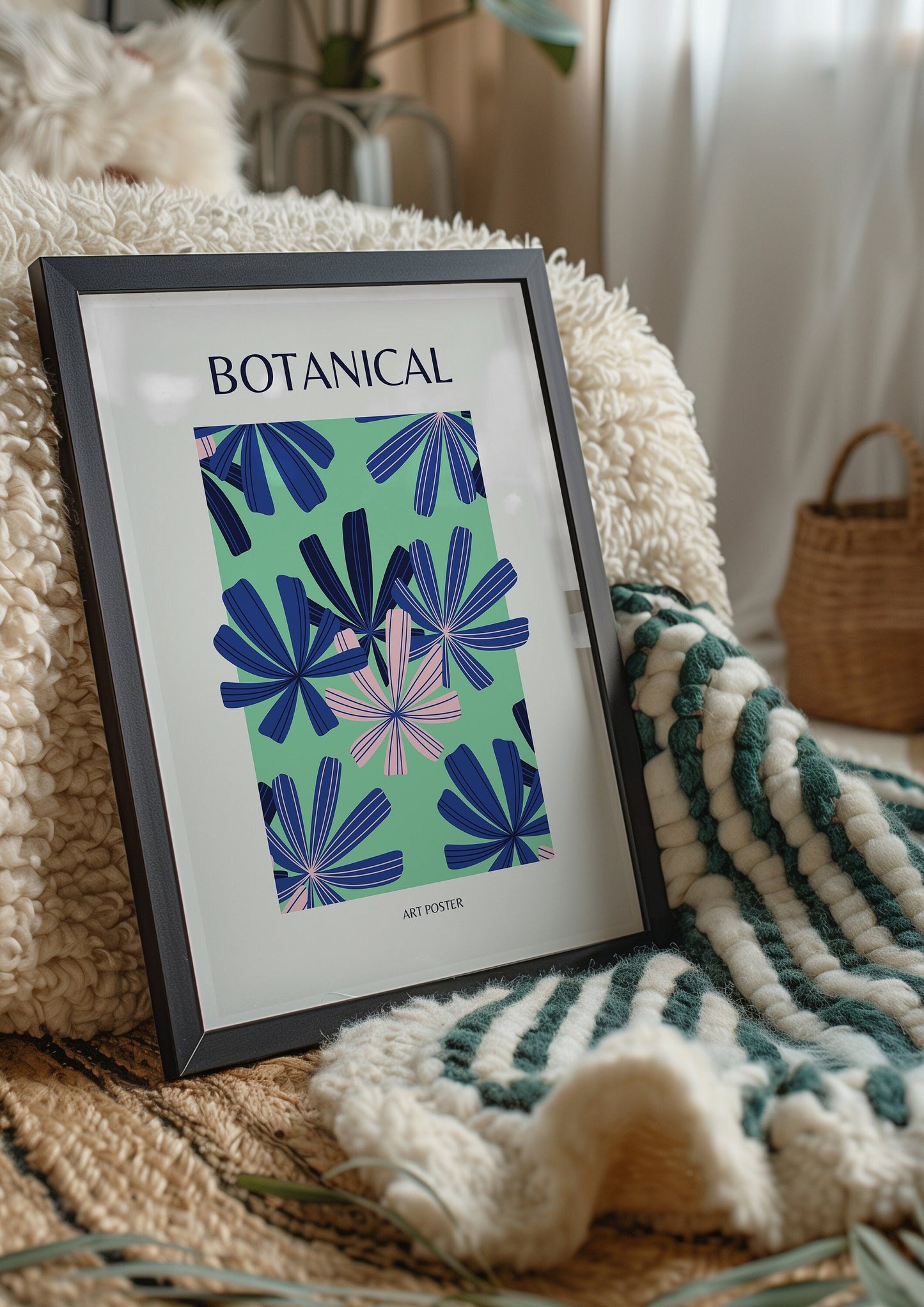 A botanical art poster featuring vibrant blue and pink tropical leaves on a green background, perfect for adding a bold and colorful touch to any living space.