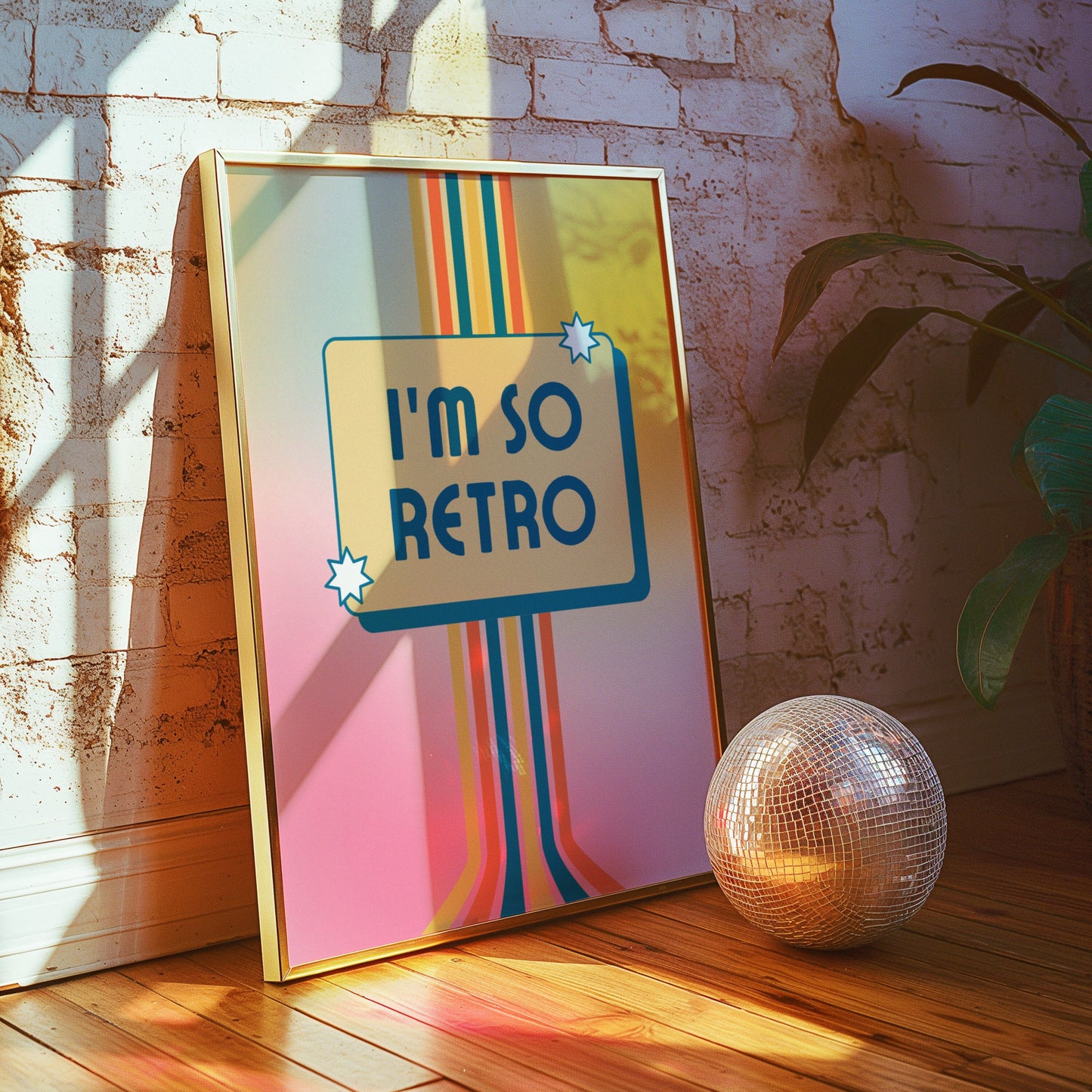 70s-inspired poster with bold rainbow stripes and the text &quot;I&#39;m So Retro&quot; in a vibrant, retro design. Vintage poster with colorful rainbow stripes and the text &quot;I&#39;m So Retro&quot; in a bold, retro design.