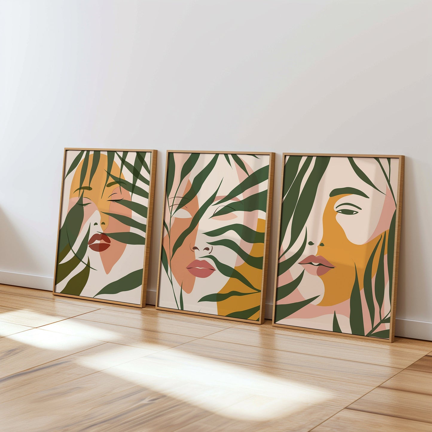 Abstract Female Portraits, Set of Three, Botanical Face Art Prints, Modern Wall Art for Living Room, Contemporary Boho Decor