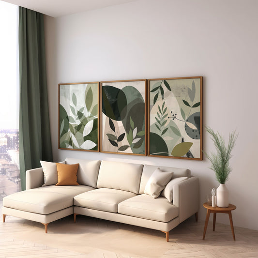 A set of three green botanical art prints with modern abstract leaf designs, perfect for nature-inspired decor in a living room or bedroom.