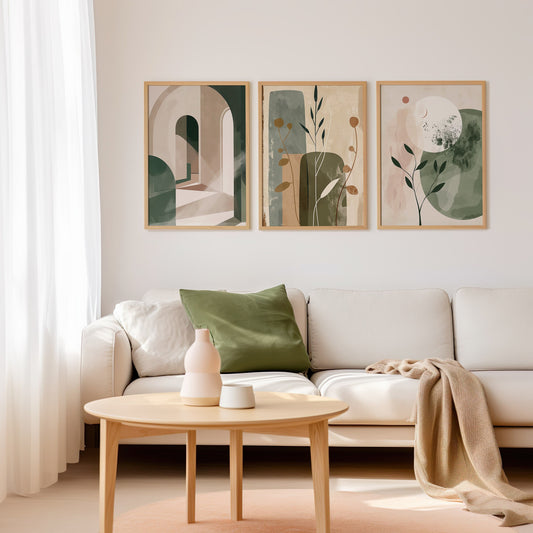 A set of three abstract botanical prints in green and beige tones, ideal for modern living room decor, adding a minimalist and nature-inspired touch to your home.