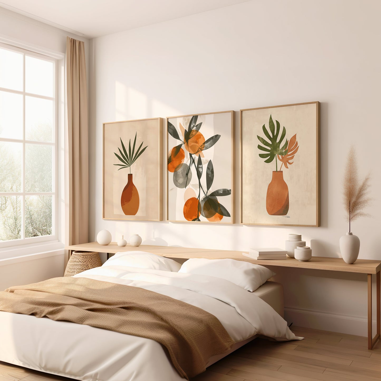 Modern Botanical Orange and Green Wall Art Set, Earthy Tones Plant Prints, Minimalist Bedroom Decor, Nature-Inspired Home Art