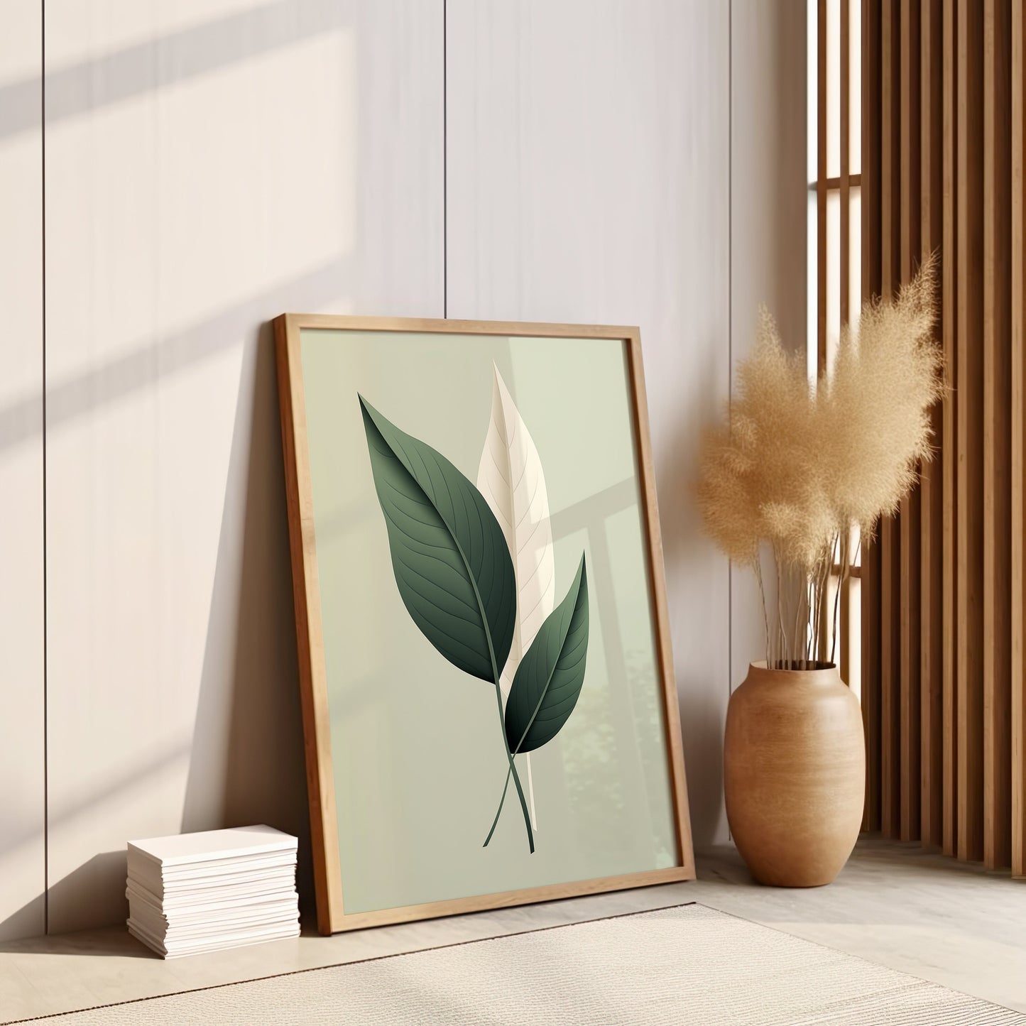 Set of 3 Green Leaf Art Prints, Botanical Wall Decor, Minimalist Leaf Illustrations for Living Room, Modern Abstract Botanical Wall Art