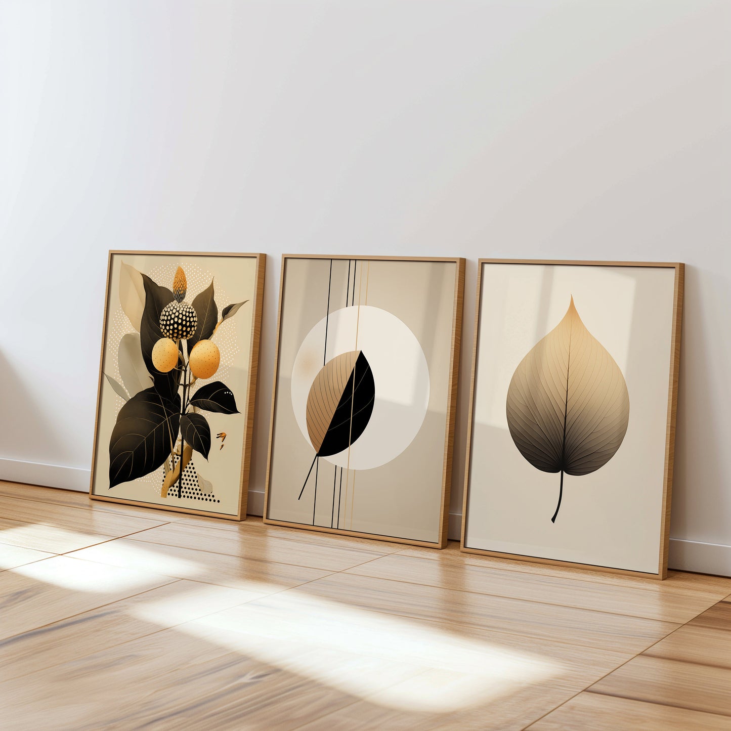 Set of 3 Modern Botanical Prints, Minimalist Leaf Art, Neutral Bedroom Wall Decor, Abstract Modern Art, Yellow Chic Leaf Art, Botanical Art