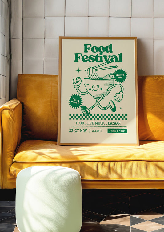 Vintage poster for a food festival featuring a noodle bowl character and event details in green. Retro festival poster with a noodle bowl character and event details in green.