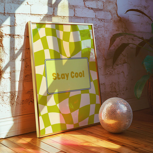 Retro poster with a green and yellow wavy background and the text "Stay Cool."