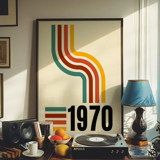 Retro 1970 wall art with colorful abstract lines and bold &quot;1970&quot; text. 1970 retro poster with colorful abstract lines and bold &quot;1970&quot; text.