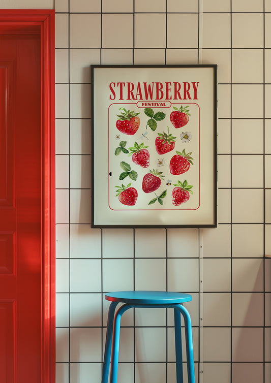 Vintage-style Strawberry Festival poster with red strawberries and green leaves, perfect for retro kitchen decor.