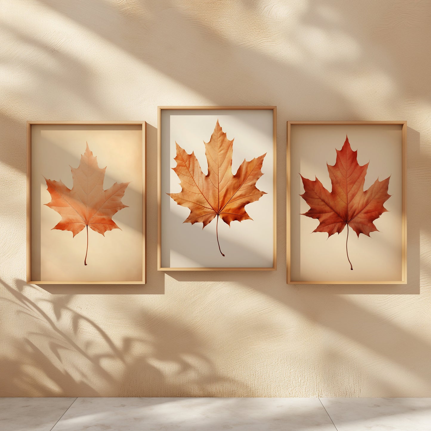 Set of 3 Autumn Maple Leaf Wall Art Prints, Fall Bedroom Decor, Neutral Tones Leaf Artwork, Seasonal Wall Art for Living Room, Cozy Decor