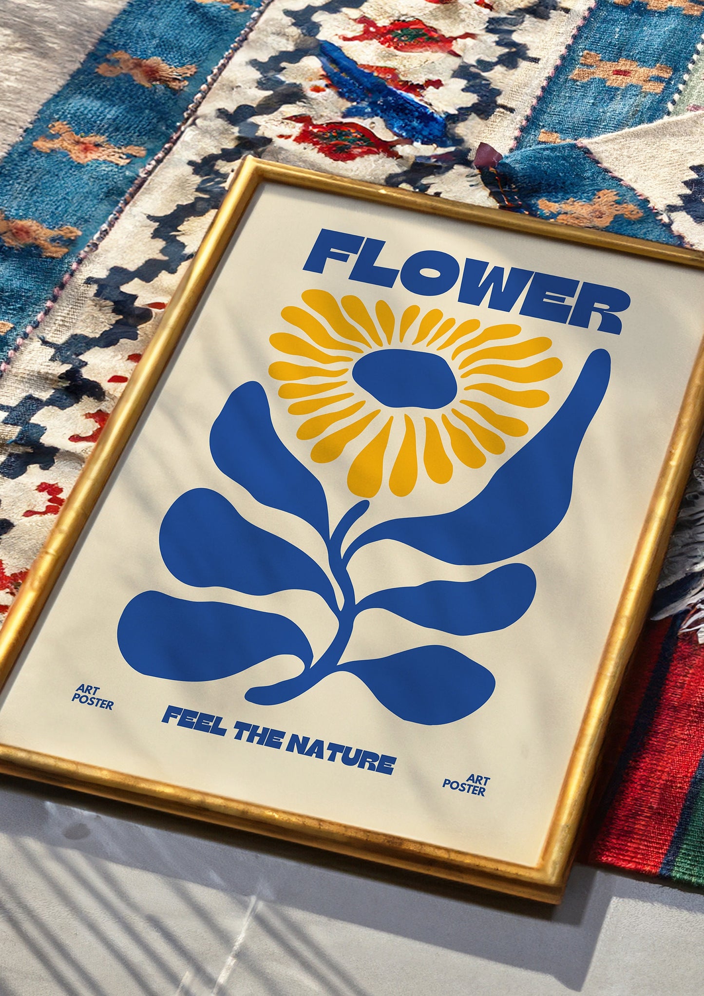 Feel The Nature Flower Poster, Bohemian Wall Art, Retro Sunflower Art Print, Minimalist Botanical Decor, Mid-Century Modern, Blue Yellow Art