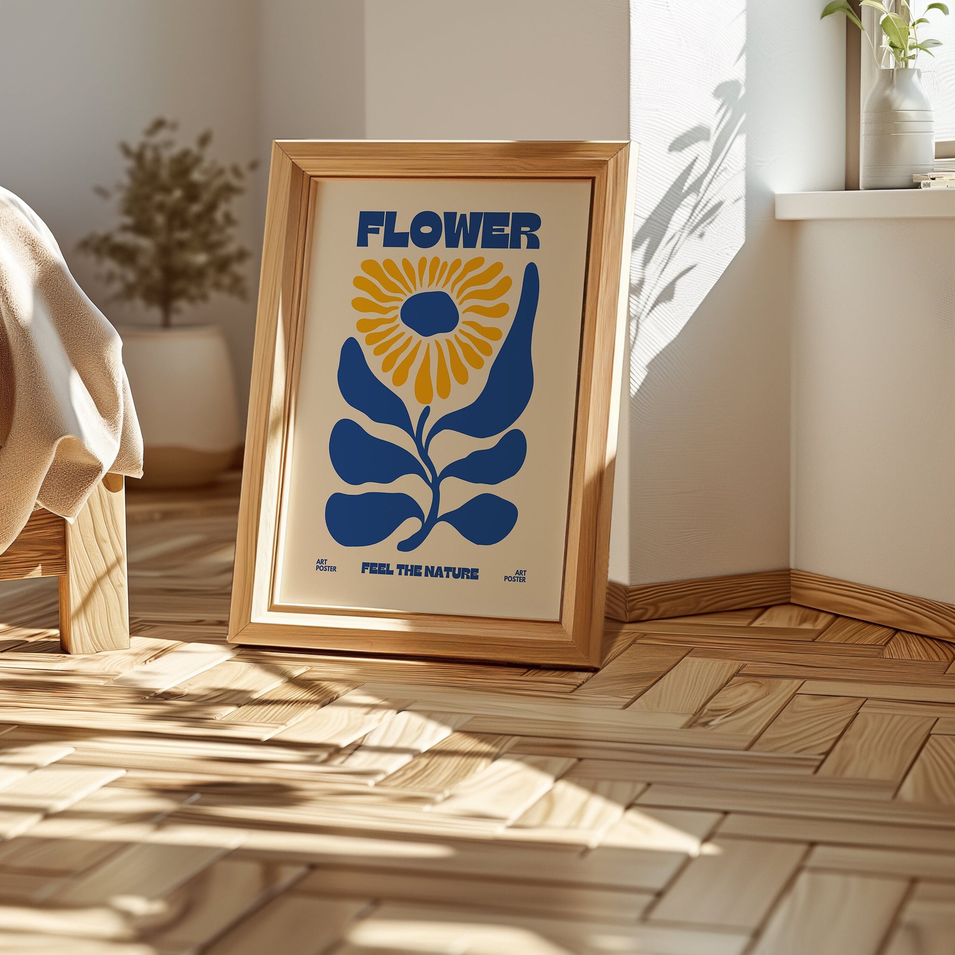 A retro-inspired poster featuring a blue and yellow sunflower design with the text &#39;Feel The Nature,&#39; perfect for bohemian and mid-century modern decor.