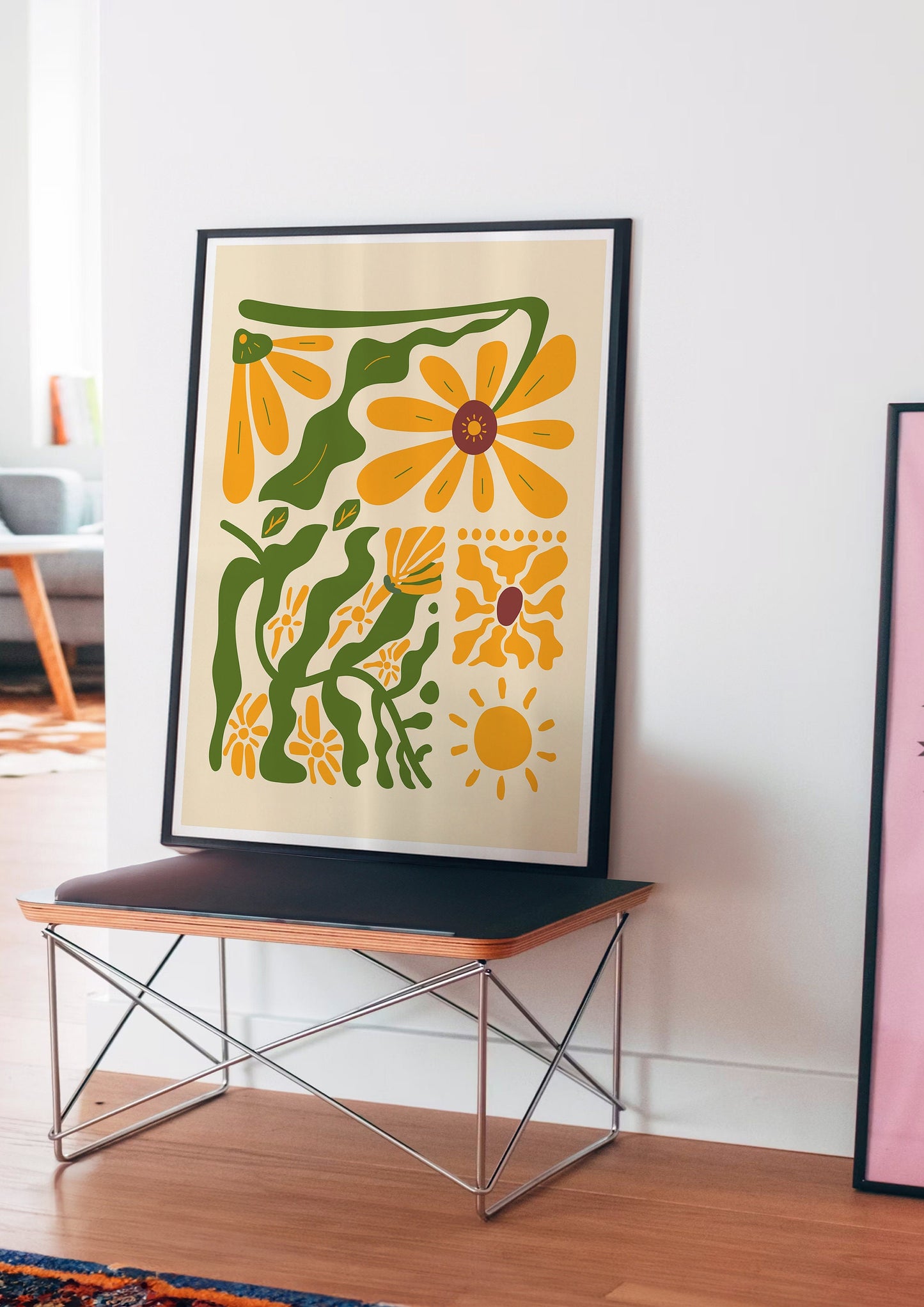 Retro Flower Bathroom Print, Mid-Century Modern Botanical Decor, Bohemian Yellow and Green Flower Poster, Minimalist Art, Sunflower Print