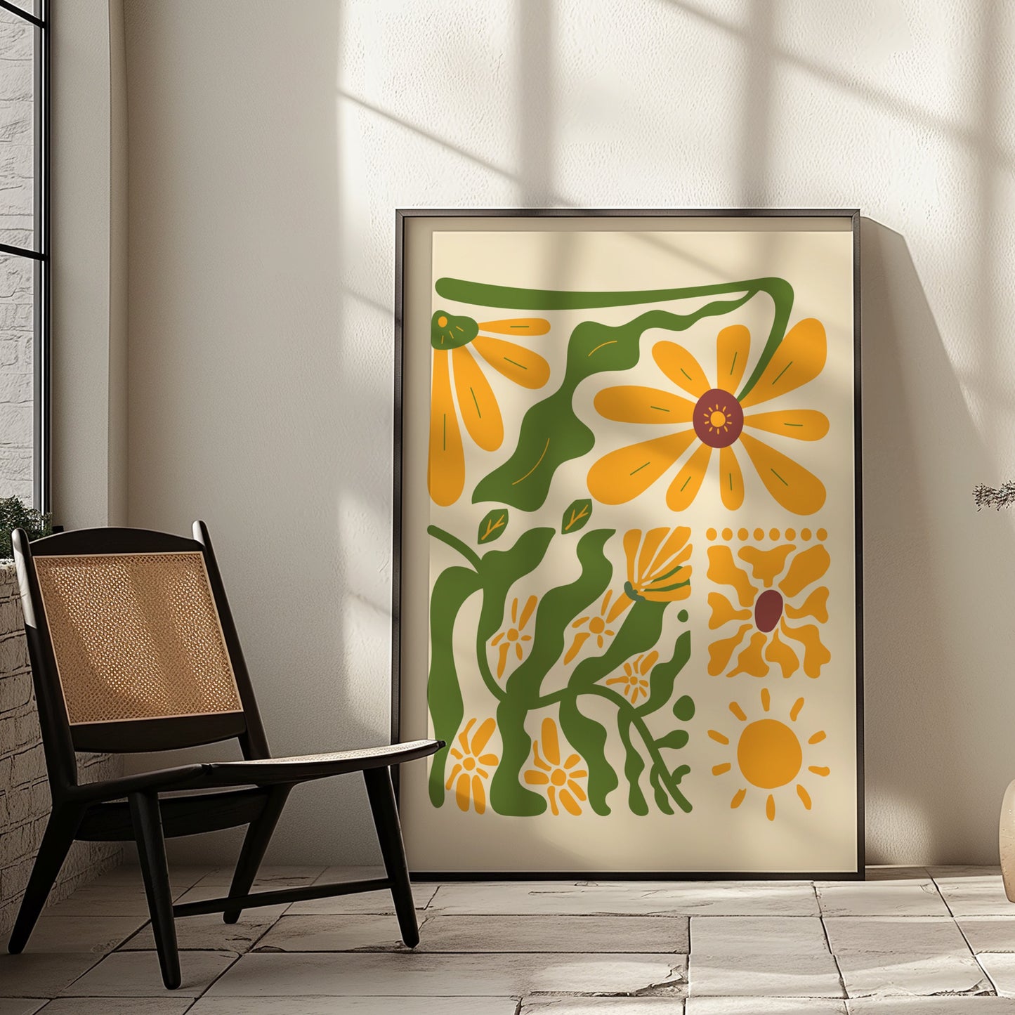 Retro Flower Bathroom Print, Mid-Century Modern Botanical Decor, Bohemian Yellow and Green Flower Poster, Minimalist Art, Sunflower Print