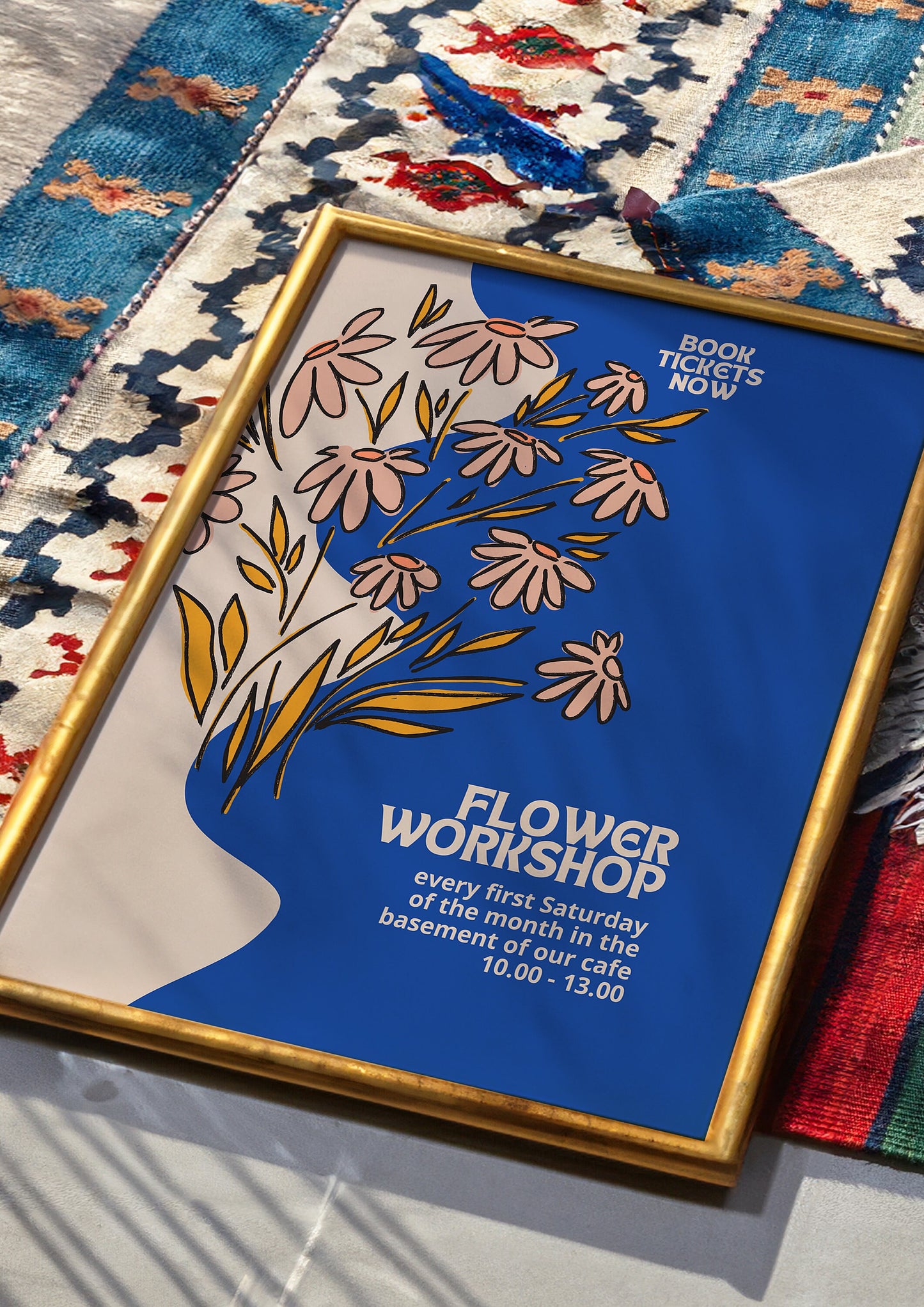 Flower Workshop Poster, Event Announcement, Modern Floral Art, Blue and Gold Design, Workshop Event Poster, Botanical Workshop Sign