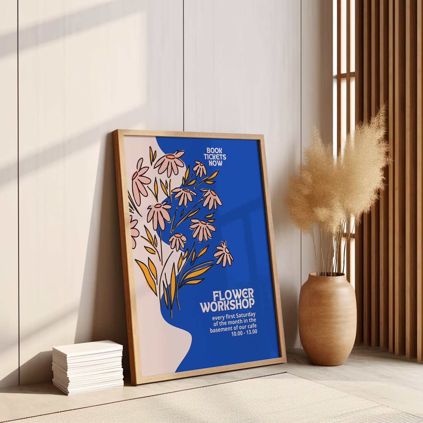 Flower Workshop Poster, Event Announcement, Modern Floral Art, Blue and Gold Design, Workshop Event Poster, Botanical Workshop Sign