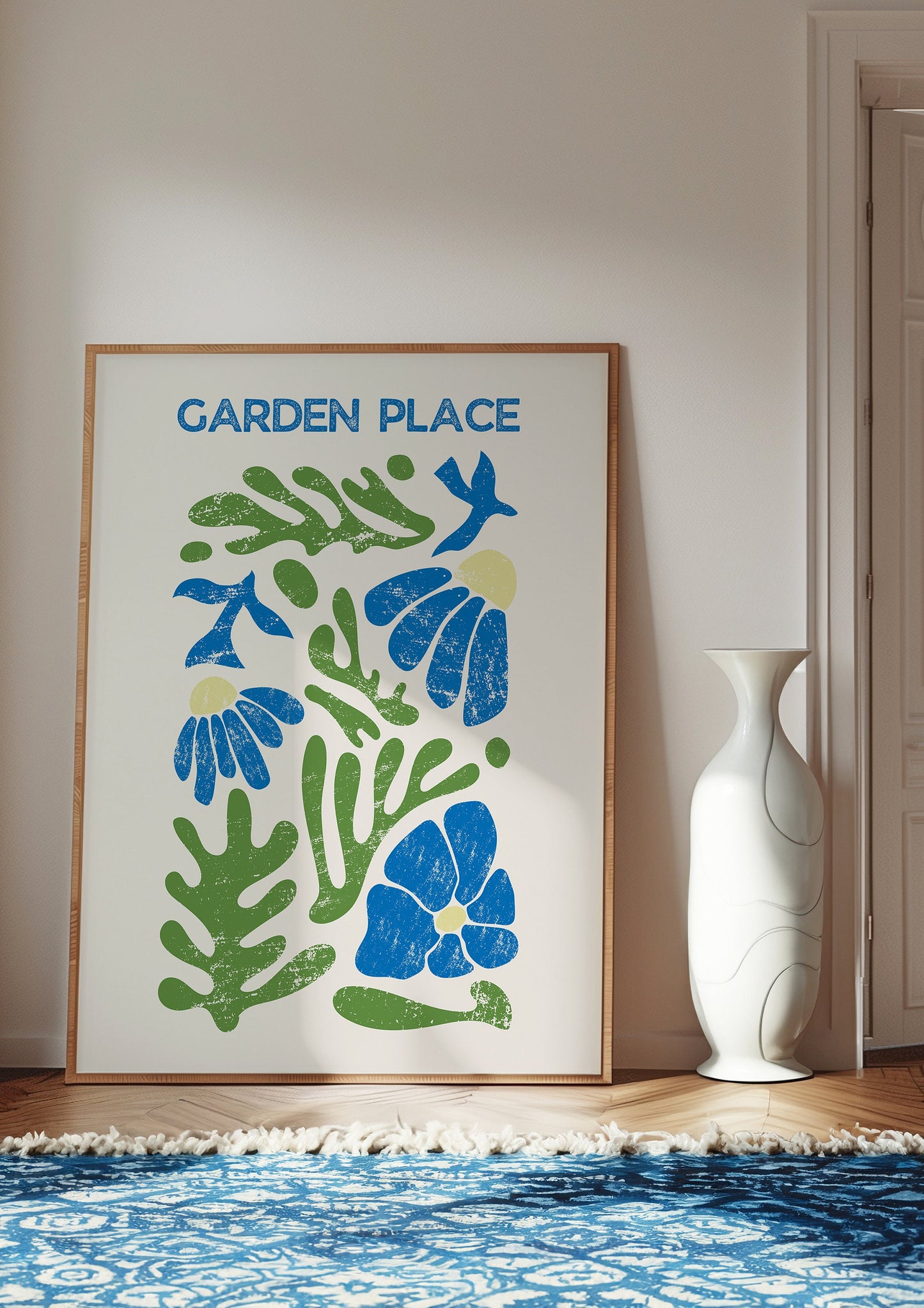 Garden Place Poster, Botanical Wall Art, Nature-Inspired Home Decor, Green and Blue Floral Print, Modern Plant Art, Tropical Leaf Art