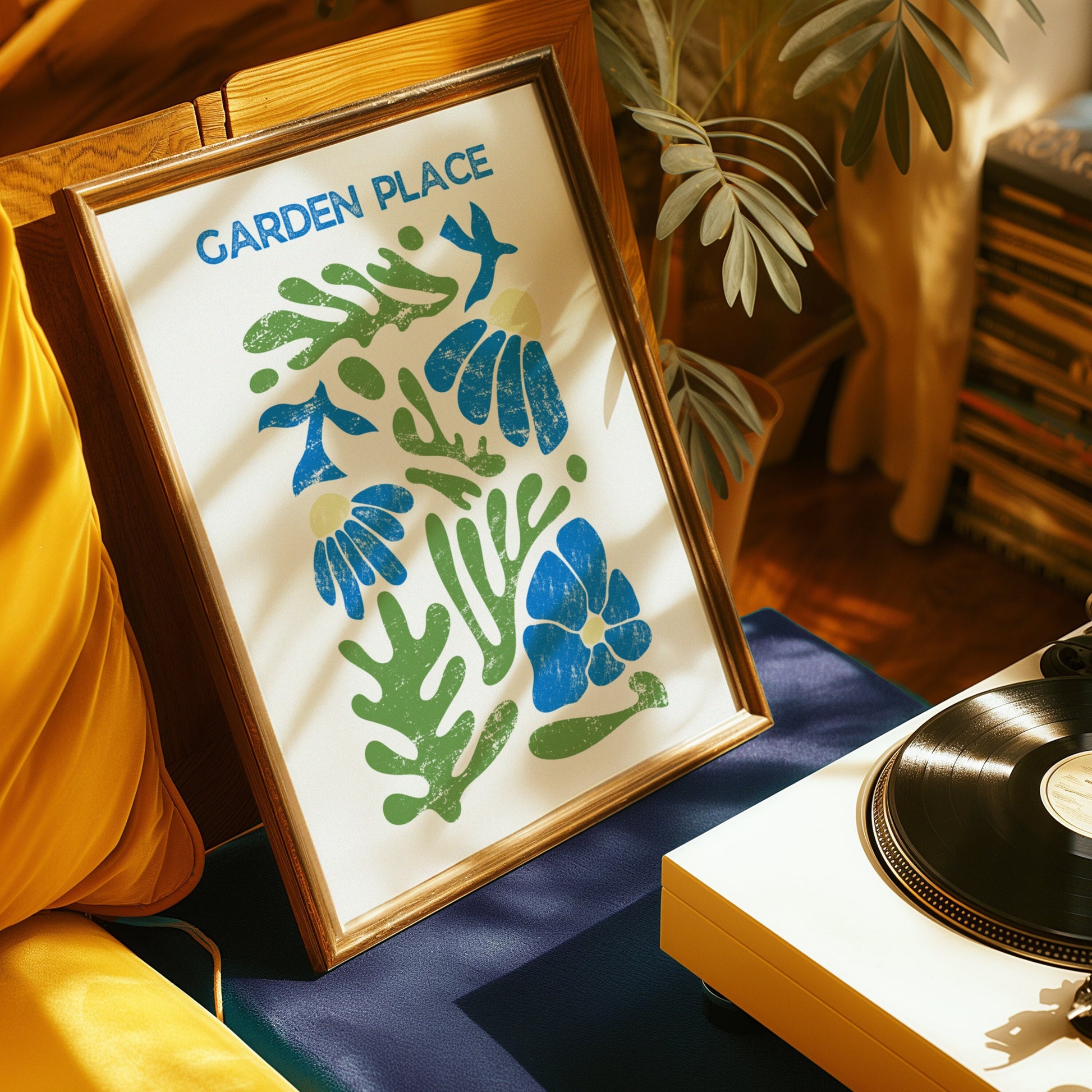 A bright and cheerful &quot;Garden Place&quot; poster featuring a mix of green and blue organic shapes resembling tropical leaves and flowers.