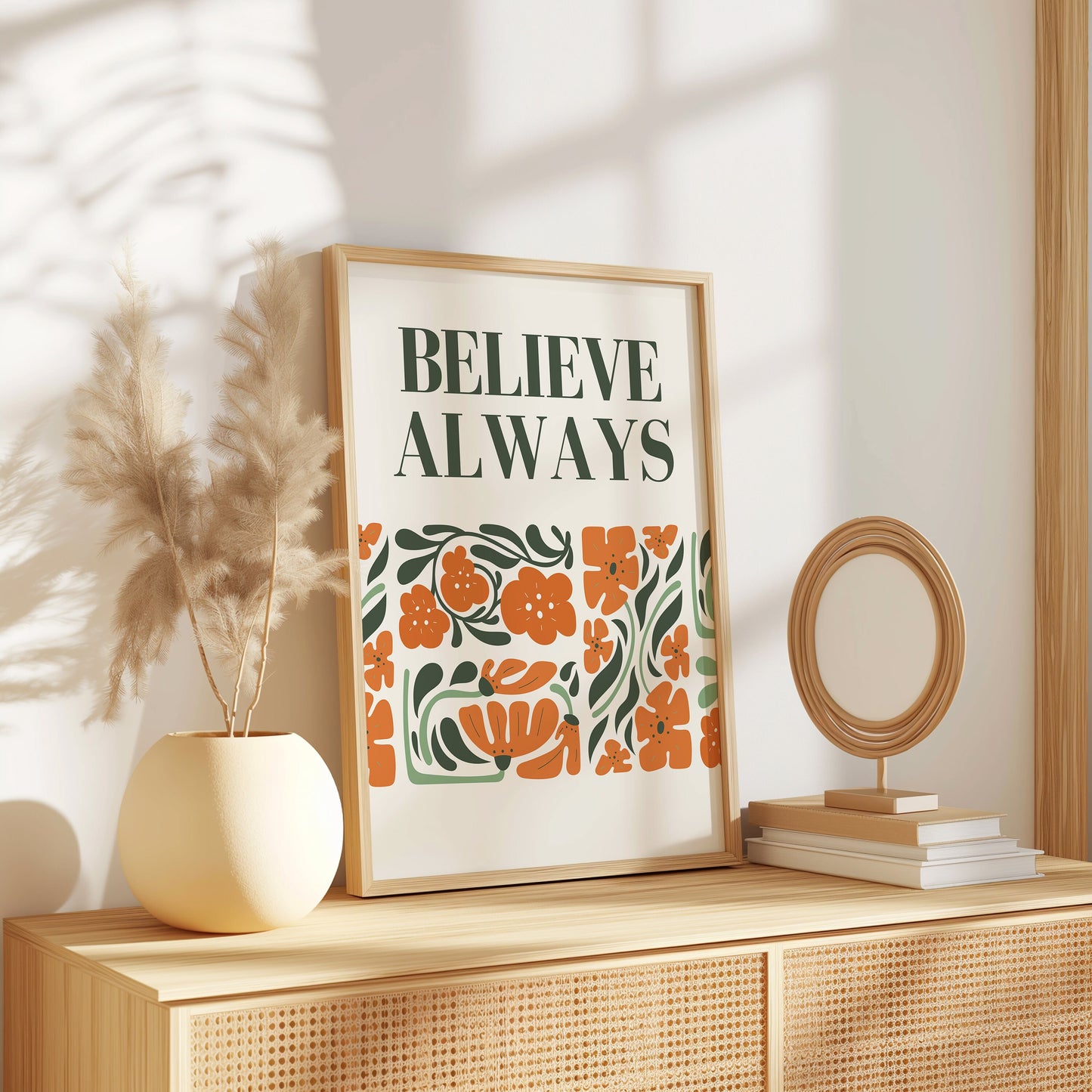 Believe Always Poster, Inspirational Wall Art, Retro Floral Print, Positive Message Decor, Motivational Home Art, Boho Botanical Poster