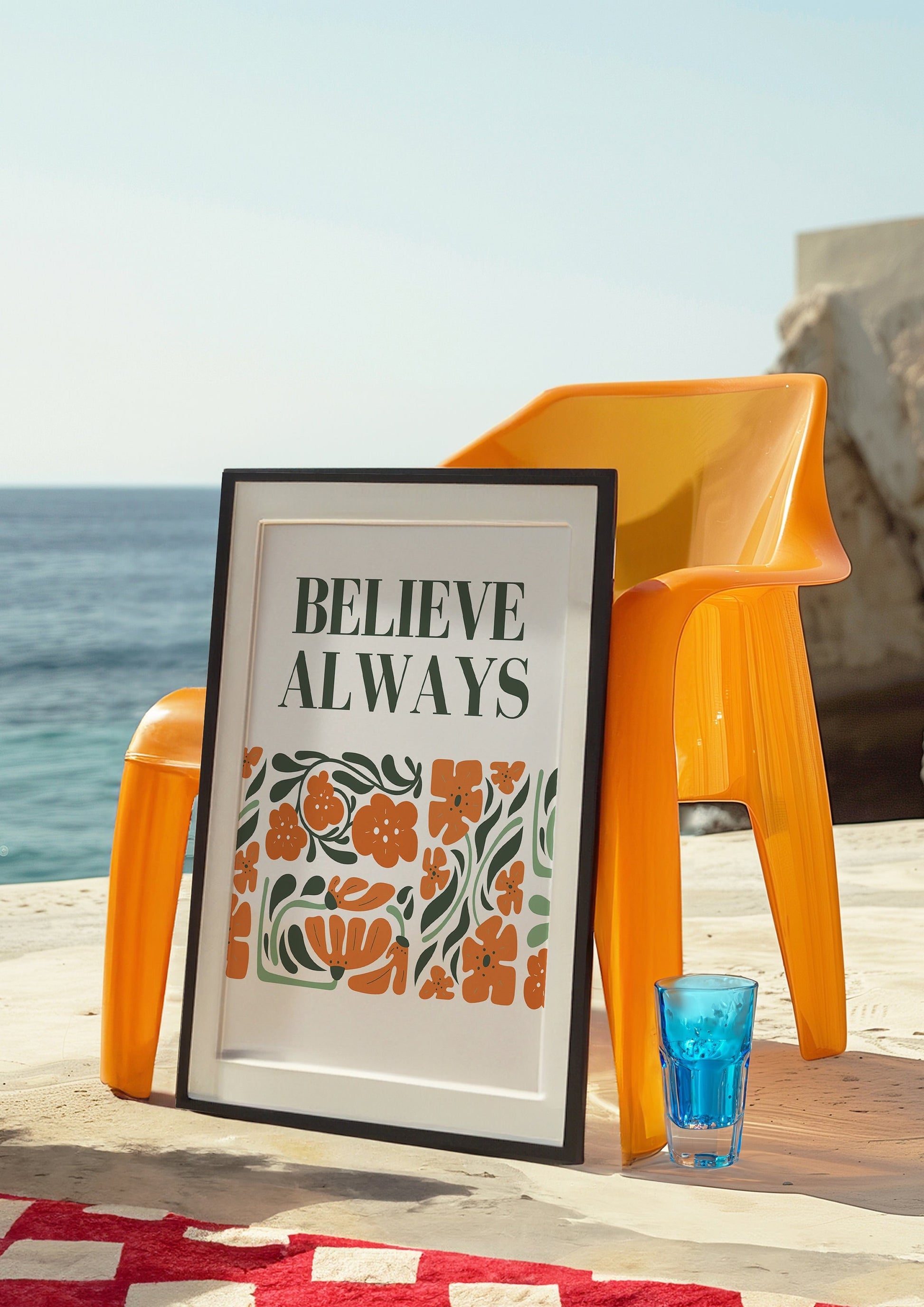 A vibrant &quot;Believe Always&quot; poster featuring retro-inspired floral patterns in warm shades of orange and green.